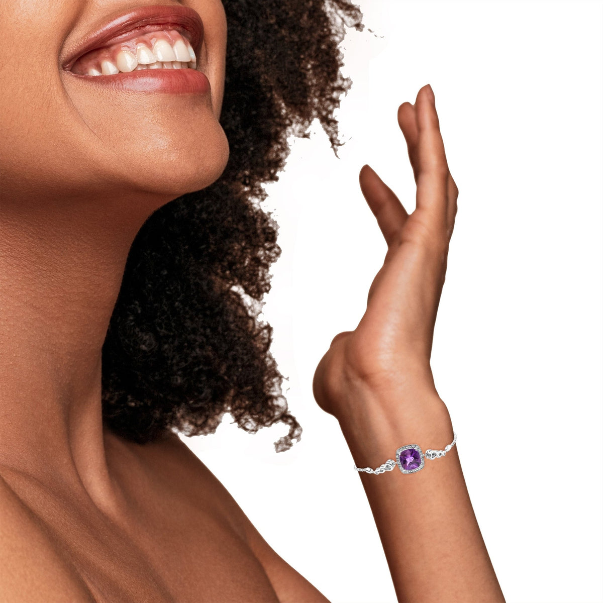 .925 Sterling Silver 10mm Cushion Cut Amethyst Gemstone and Diamond Accent Lariat 4”-10” Adjustable Bolo Bracelet (H-I Color, SI1-SI2 Clarity) - LinkagejewelrydesignLinkagejewelrydesign