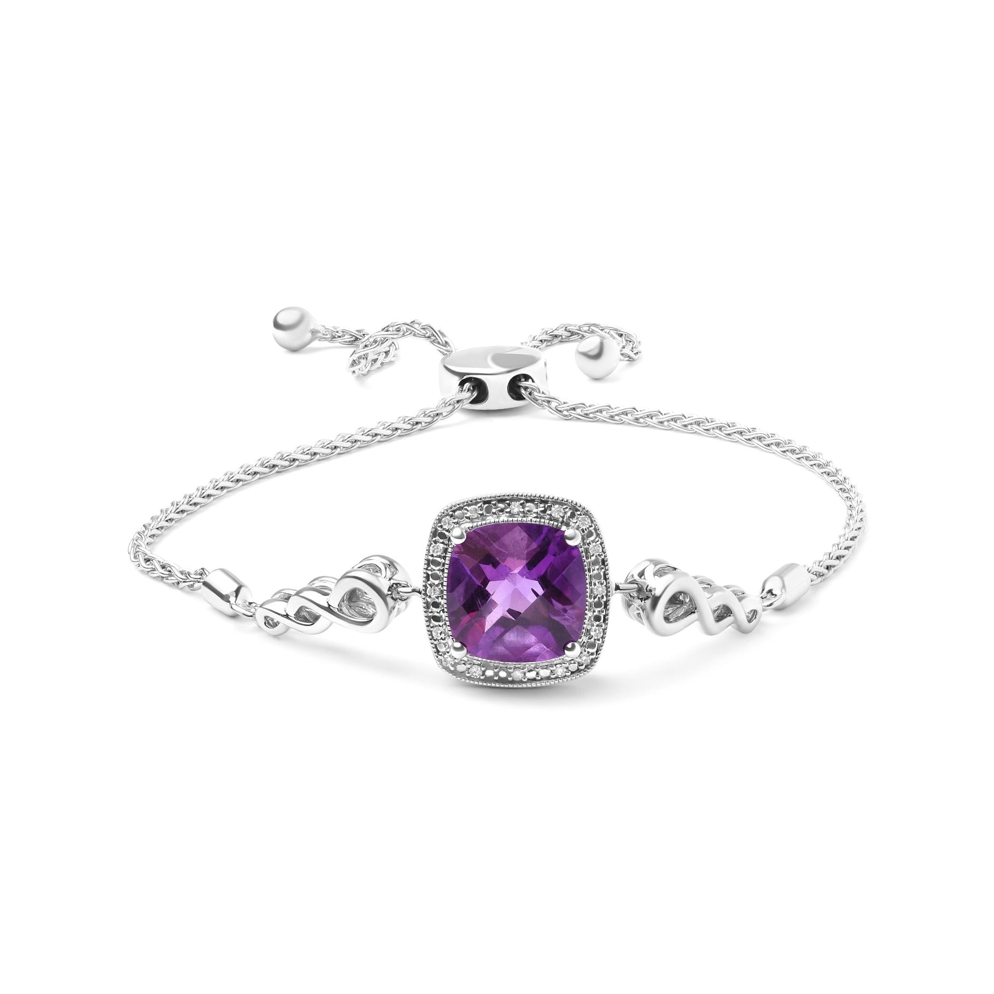 .925 Sterling Silver 10mm Cushion Cut Amethyst Gemstone and Diamond Accent Lariat 4”-10” Adjustable Bolo Bracelet (H-I Color, SI1-SI2 Clarity) - LinkagejewelrydesignLinkagejewelrydesign