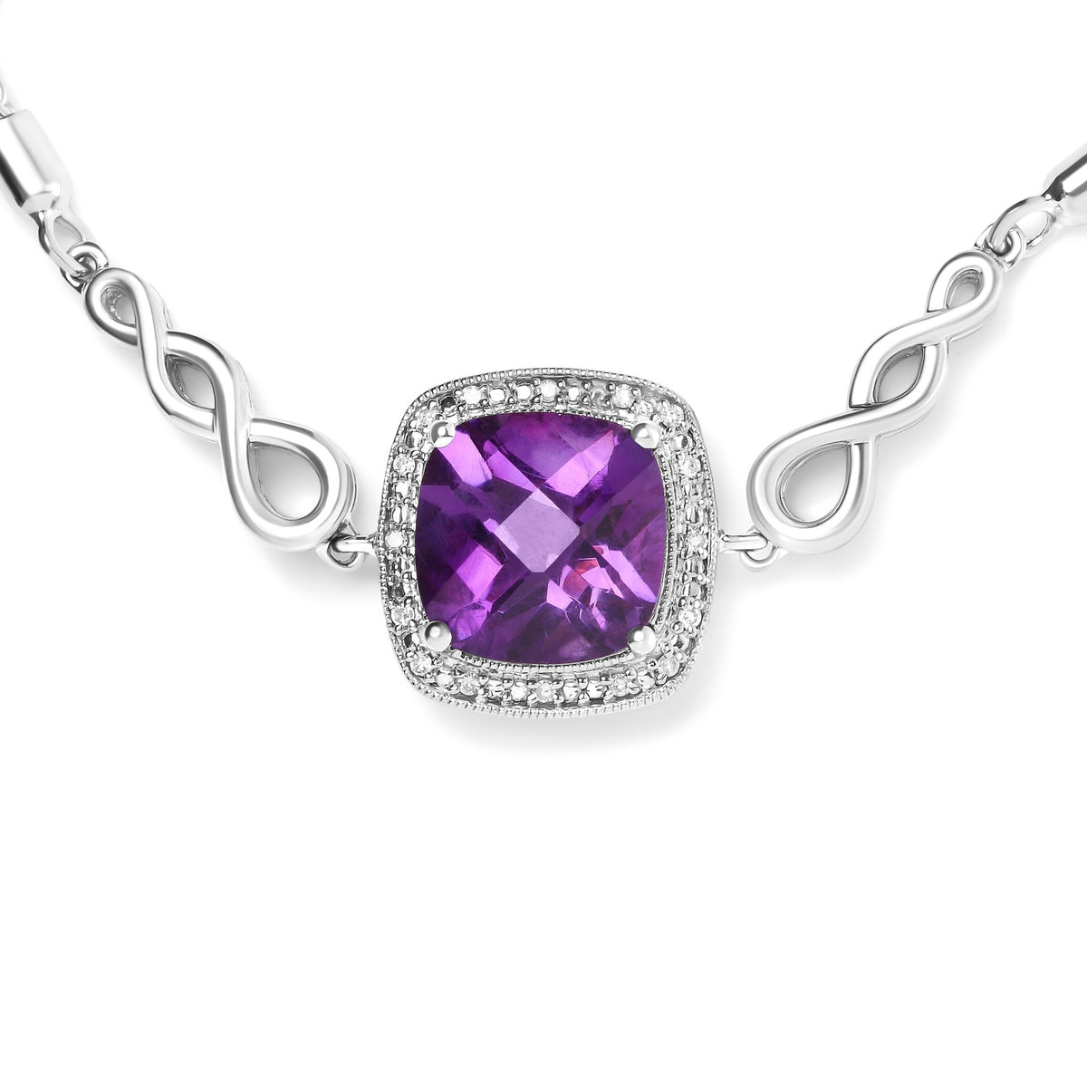 .925 Sterling Silver 10mm Cushion Cut Amethyst Gemstone and Diamond Accent Lariat 4”-10” Adjustable Bolo Bracelet (H-I Color, SI1-SI2 Clarity) - LinkagejewelrydesignLinkagejewelrydesign