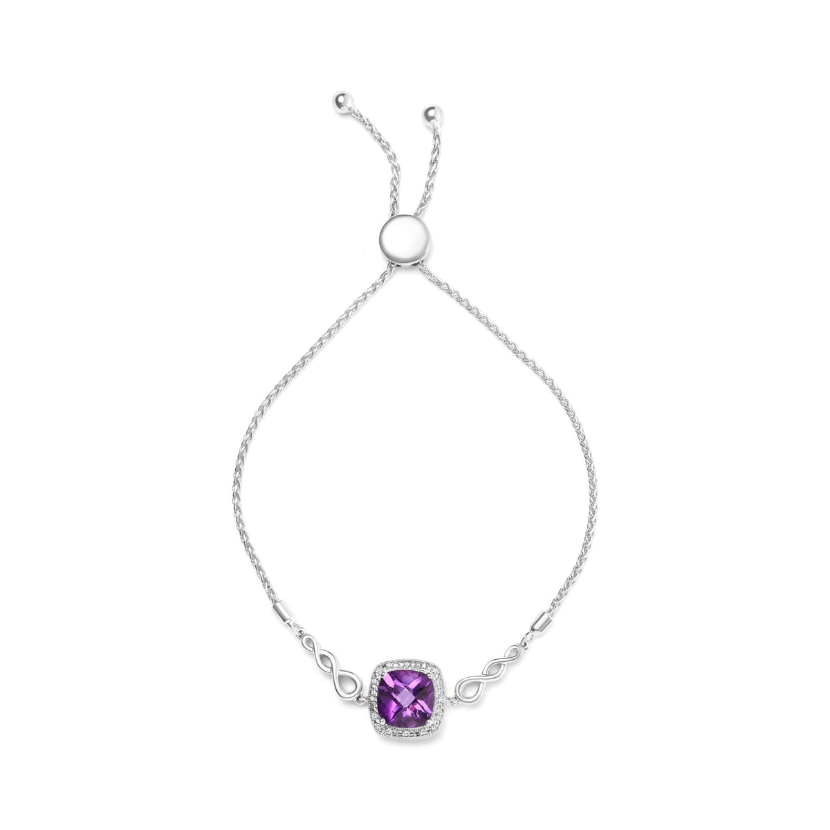 .925 Sterling Silver 10mm Cushion Cut Amethyst Gemstone and Diamond Accent Lariat 4”-10” Adjustable Bolo Bracelet (H-I Color, SI1-SI2 Clarity) - LinkagejewelrydesignLinkagejewelrydesign