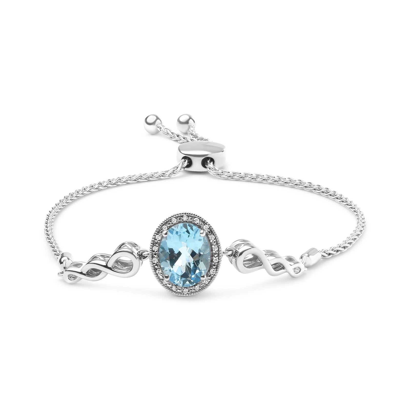 .925 Sterling Silver 10x8mm Oval Blue Topaz and Diamond Accent Lariat 4”-10” Adjustable Bolo Bracelet (H-I Color, SI1-SI2 Clarity) - LinkagejewelrydesignLinkagejewelrydesign