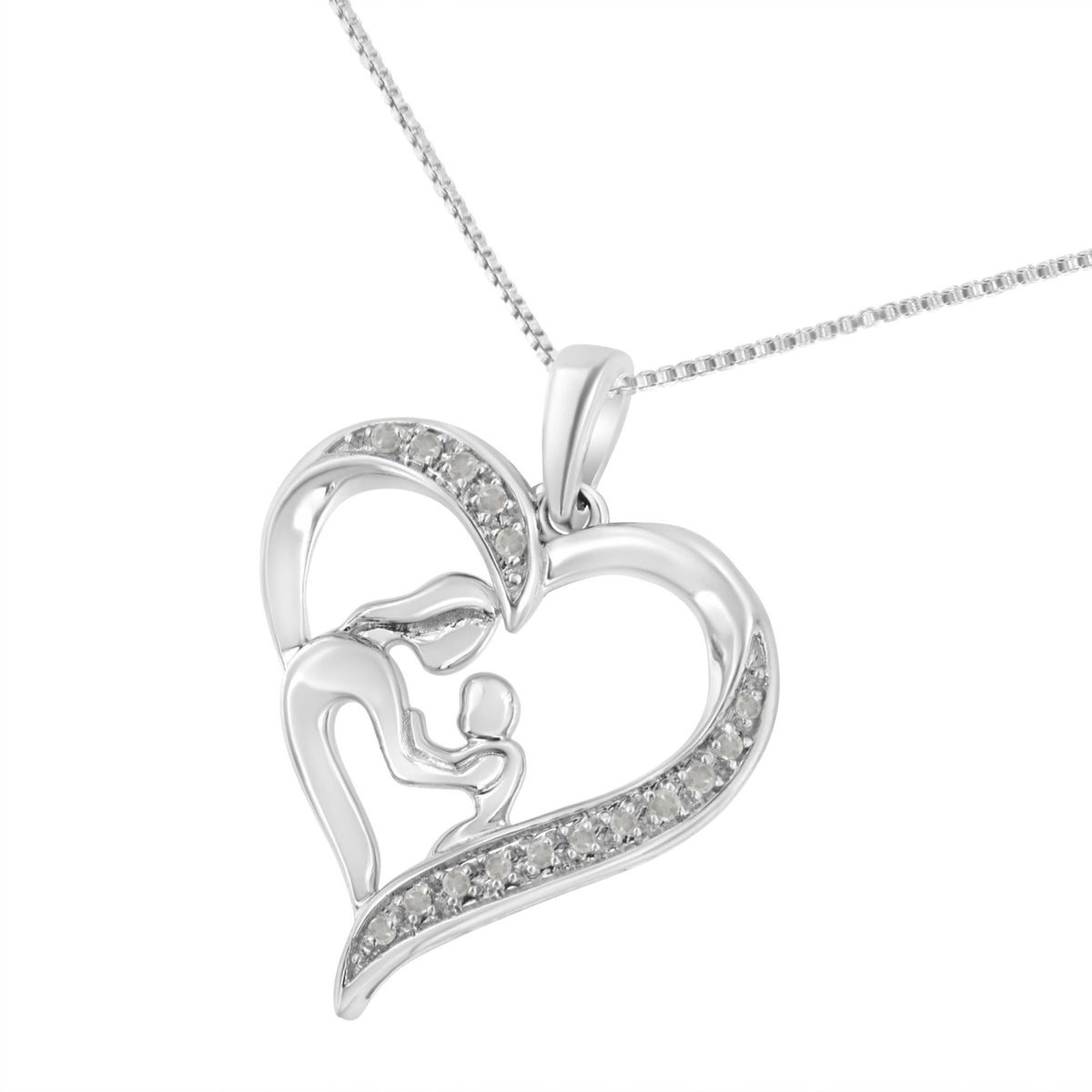 .925 Sterling Silver 1/10 cttw Diamond Heart and Mother 18&quot; Pendant Necklace (I-J Color, I3 Clarity) - LinkagejewelrydesignLinkagejewelrydesign