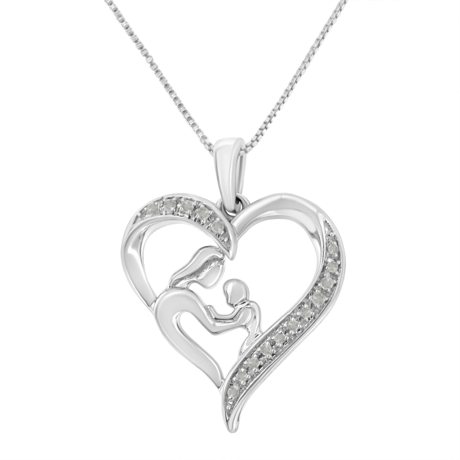 .925 Sterling Silver 1/10 cttw Diamond Heart and Mother 18" Pendant Necklace (I-J Color, I3 Clarity) - LinkagejewelrydesignLinkagejewelrydesign