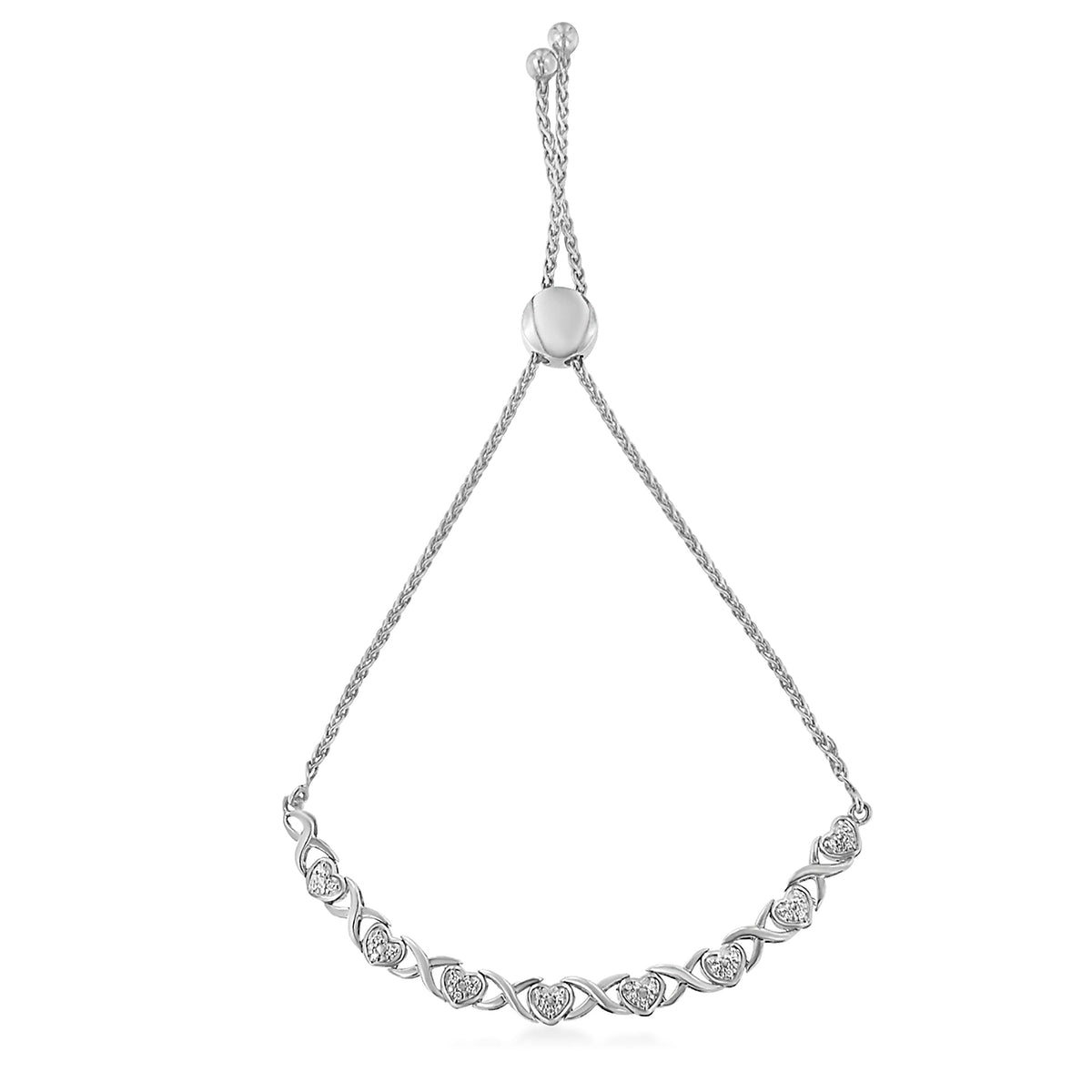 .925 Sterling Silver 1/10 Cttw Diamond Heart and X-Link 6”-9” Adjustable Bolo Bracelet (H-I Color, I2-I3 Clarity) - LinkagejewelrydesignLinkagejewelrydesign