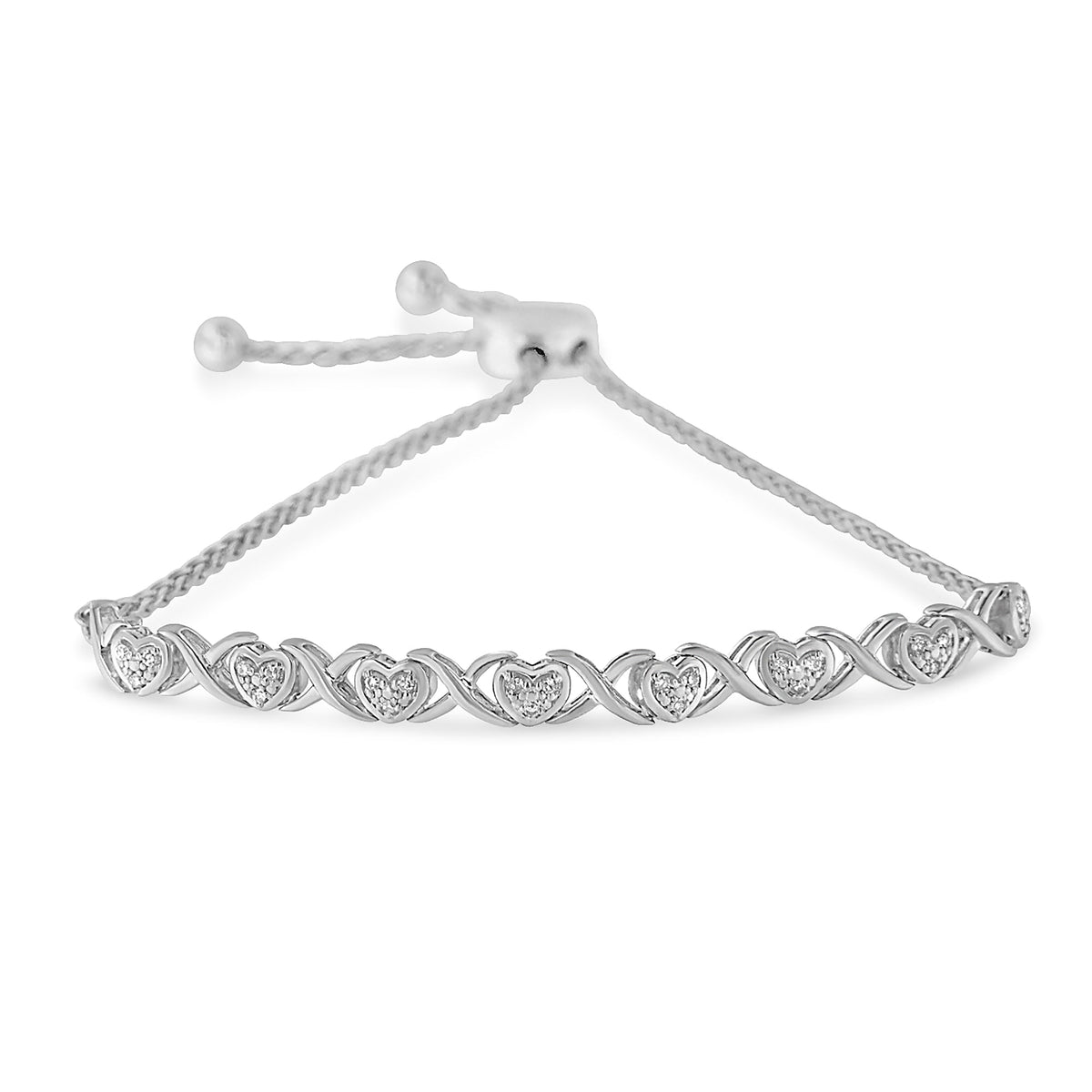 .925 Sterling Silver 1/10 Cttw Diamond Heart and X-Link 6”-9” Adjustable Bolo Bracelet (H-I Color, I2-I3 Clarity) - LinkagejewelrydesignLinkagejewelrydesign
