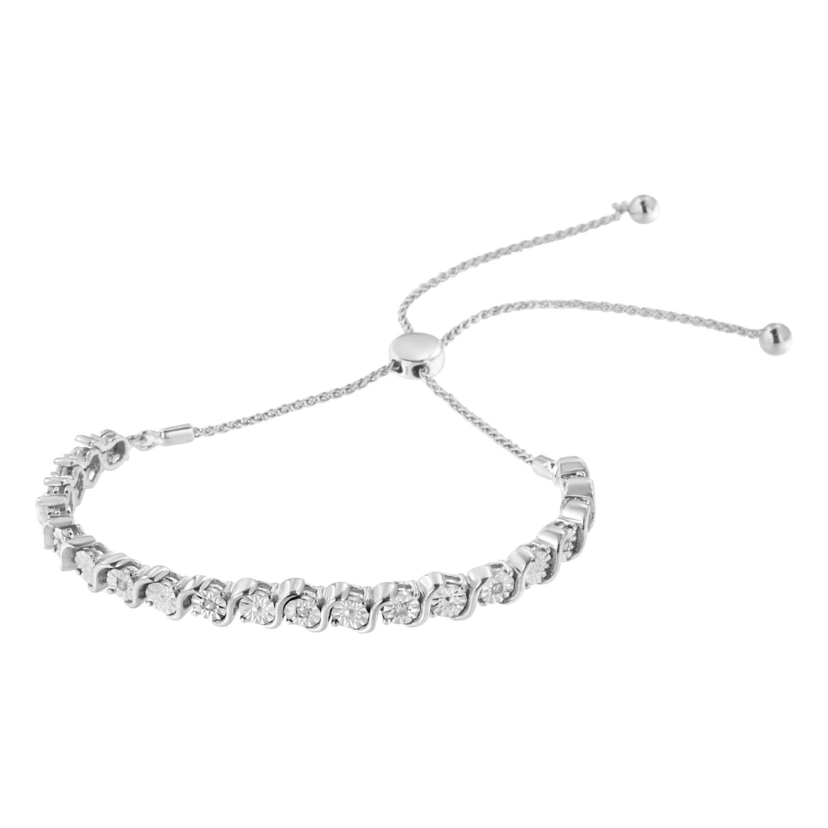 .925 Sterling Silver 1/10 Cttw Diamond Miracle Plate in Bypass Style &quot;S&quot; Links Adjustable Bolo Bracelet (I-J Color, I2-I3 Clarity) - 6”-10” - LinkagejewelrydesignLinkagejewelrydesign