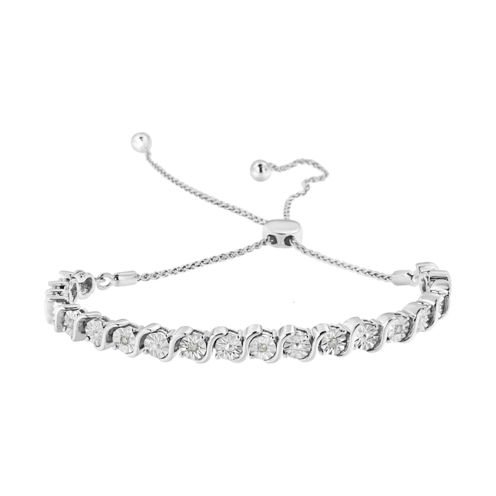 .925 Sterling Silver 1/10 Cttw Diamond Miracle Plate in Bypass Style "S" Links Adjustable Bolo Bracelet (I-J Color, I2-I3 Clarity) - 6”-10” - LinkagejewelrydesignLinkagejewelrydesign