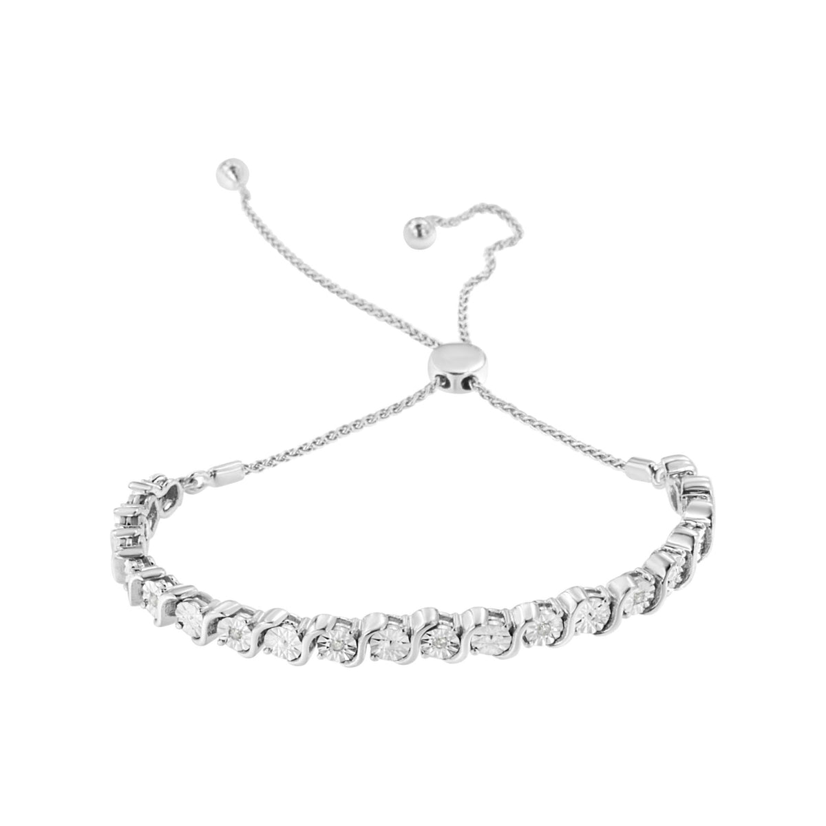 .925 Sterling Silver 1/10 Cttw Diamond Miracle Plate in Bypass Style &quot;S&quot; Links Adjustable Bolo Bracelet (I-J Color, I2-I3 Clarity) - 6”-10” - LinkagejewelrydesignLinkagejewelrydesign