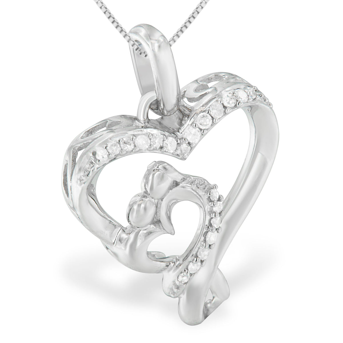 .925 Sterling Silver 1/10 Cttw Diamond Mother &amp; Child Double Open Heart 18&quot; Pendant Necklace (H-I Color, I2-I3 Clarity) - LinkagejewelrydesignLinkagejewelrydesign