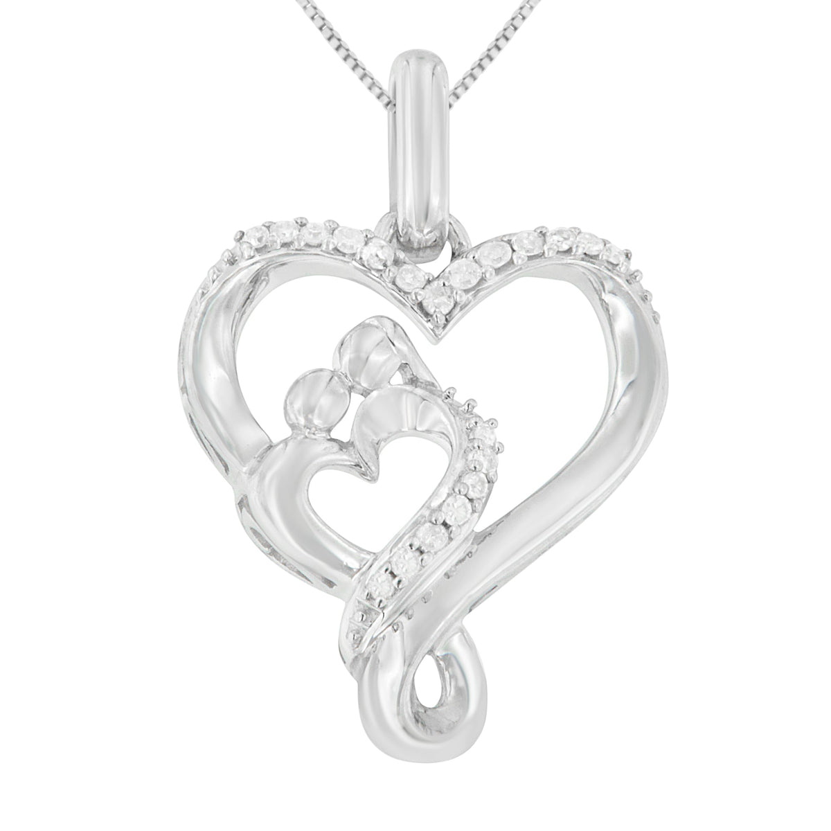 .925 Sterling Silver 1/10 Cttw Diamond Mother &amp; Child Double Open Heart 18&quot; Pendant Necklace (H-I Color, I2-I3 Clarity) - LinkagejewelrydesignLinkagejewelrydesign