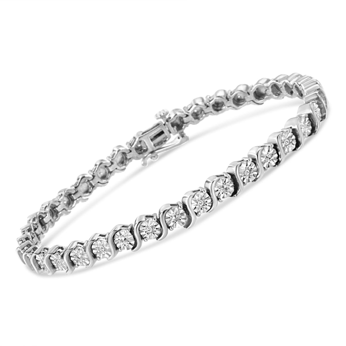 .925 Sterling Silver 1/10 Cttw Diamond Round Miracle Plate and &quot;S&quot; Link Tennis Bracelet (I-J Color, I2- I3 Clarity) - 7&quot; - LinkagejewelrydesignLinkagejewelrydesign