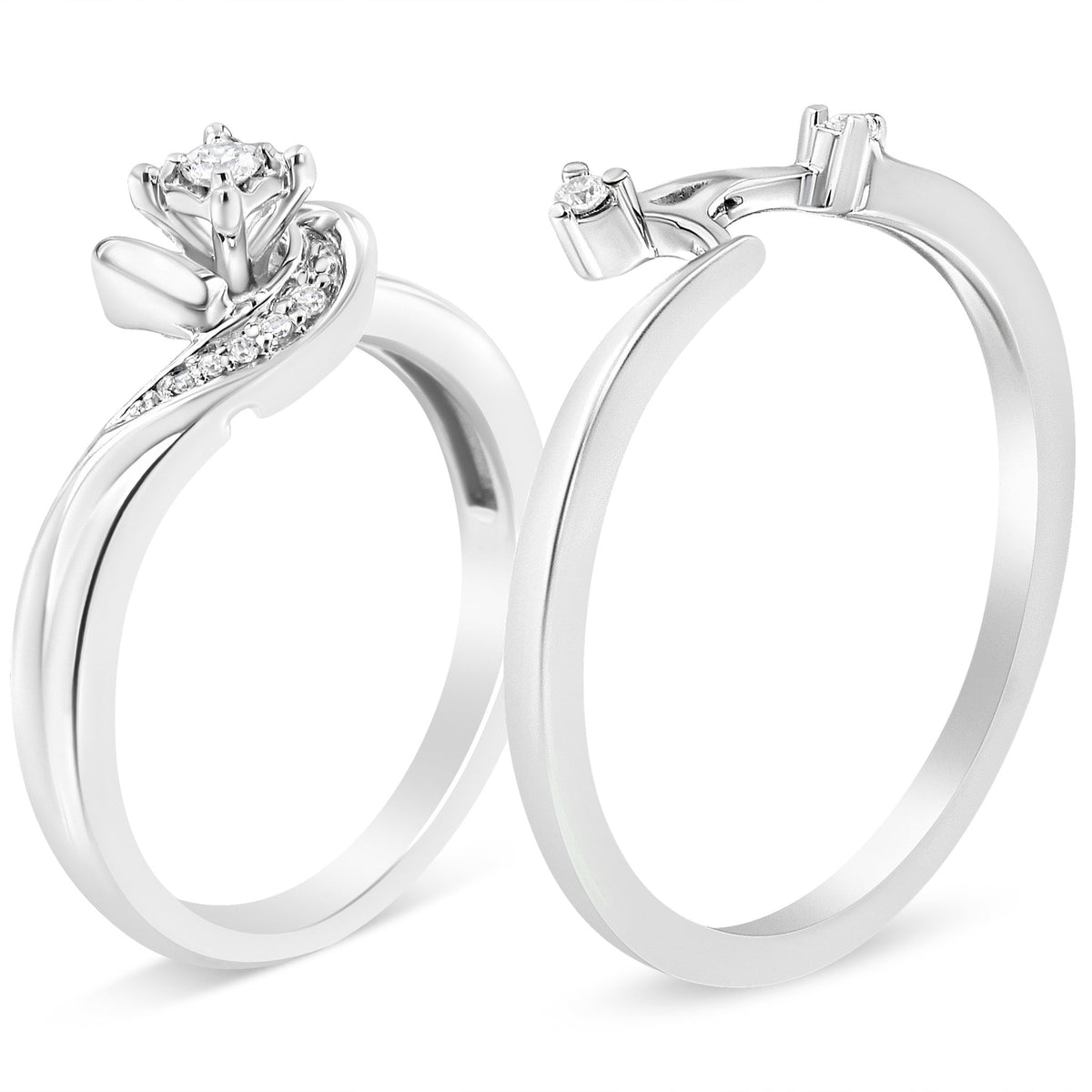 .925 Sterling Silver 1/10 Cttw Diamond Swirl and Bypass Bridal Set Ring and Band (I-J Color, I3 Clarity) - Size 7 - LinkagejewelrydesignLinkagejewelrydesign