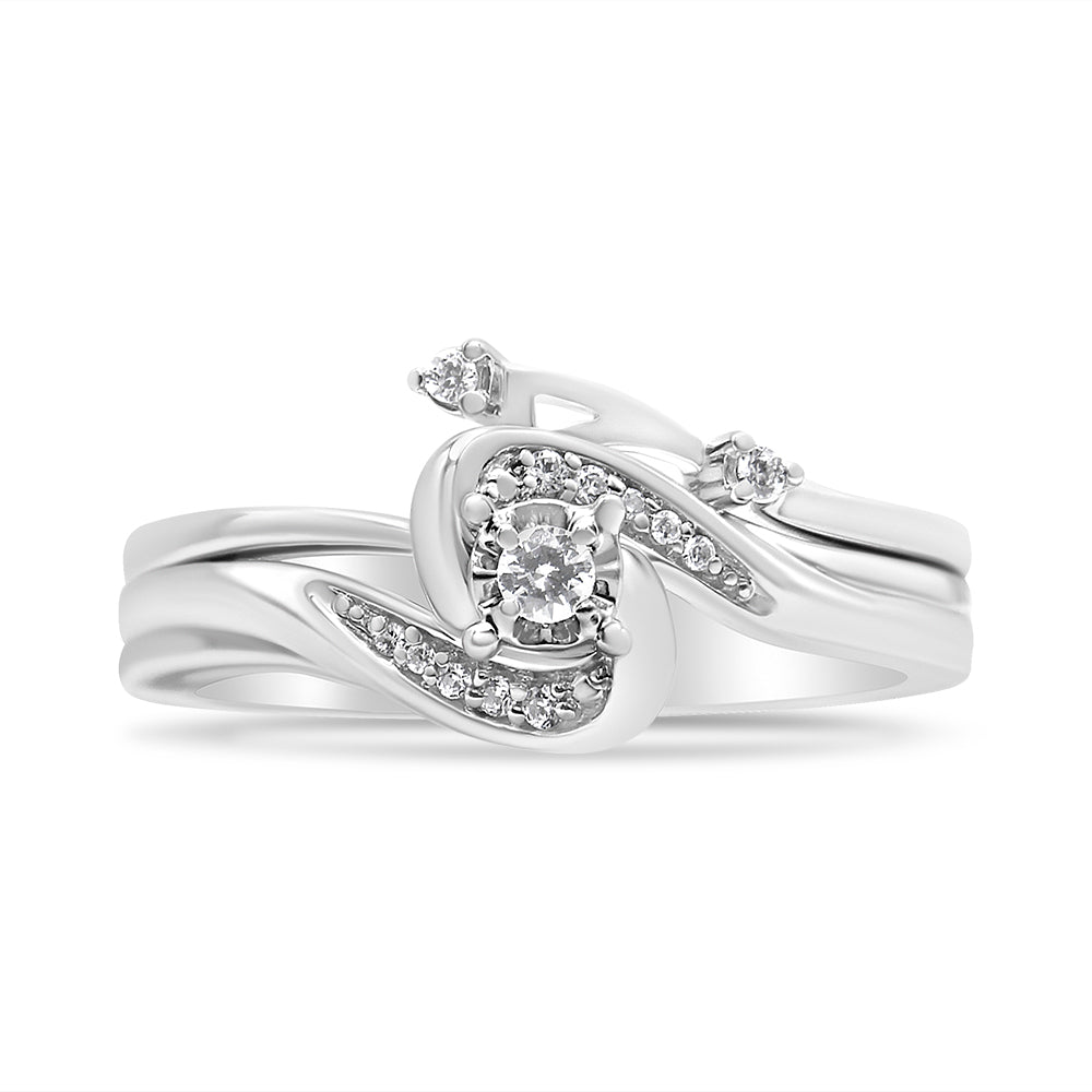.925 Sterling Silver 1/10 Cttw Diamond Swirl and Bypass Bridal Set Ring and Band (I-J Color, I3 Clarity) - Size 7 - LinkagejewelrydesignLinkagejewelrydesign