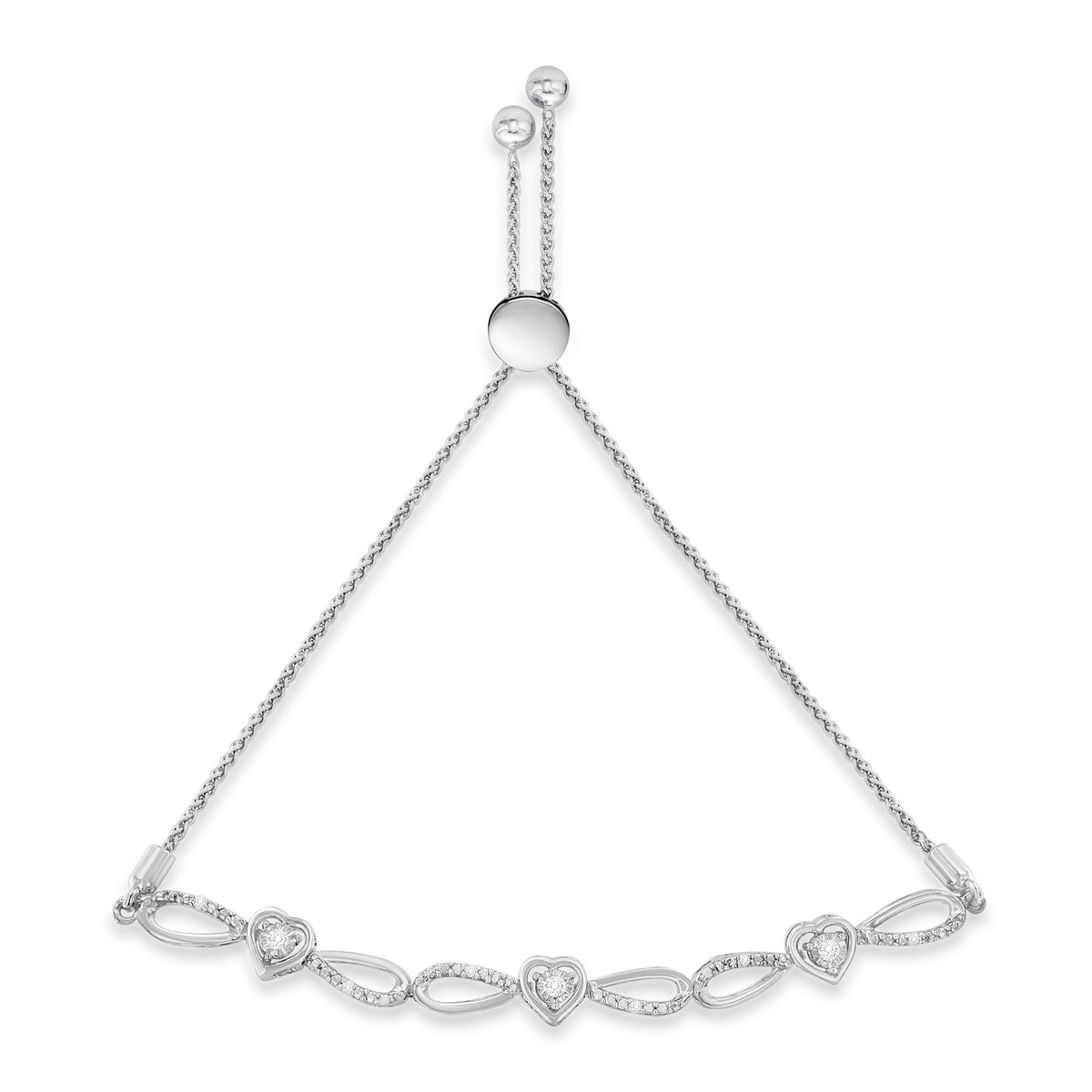 .925 Sterling Silver 1/10 Cttw Diamond Triple Heart-in-Infinity Bolo Style Adjustable Bracelet (H-I Color, I2-I3 Clarity) - LinkagejewelrydesignLinkagejewelrydesign