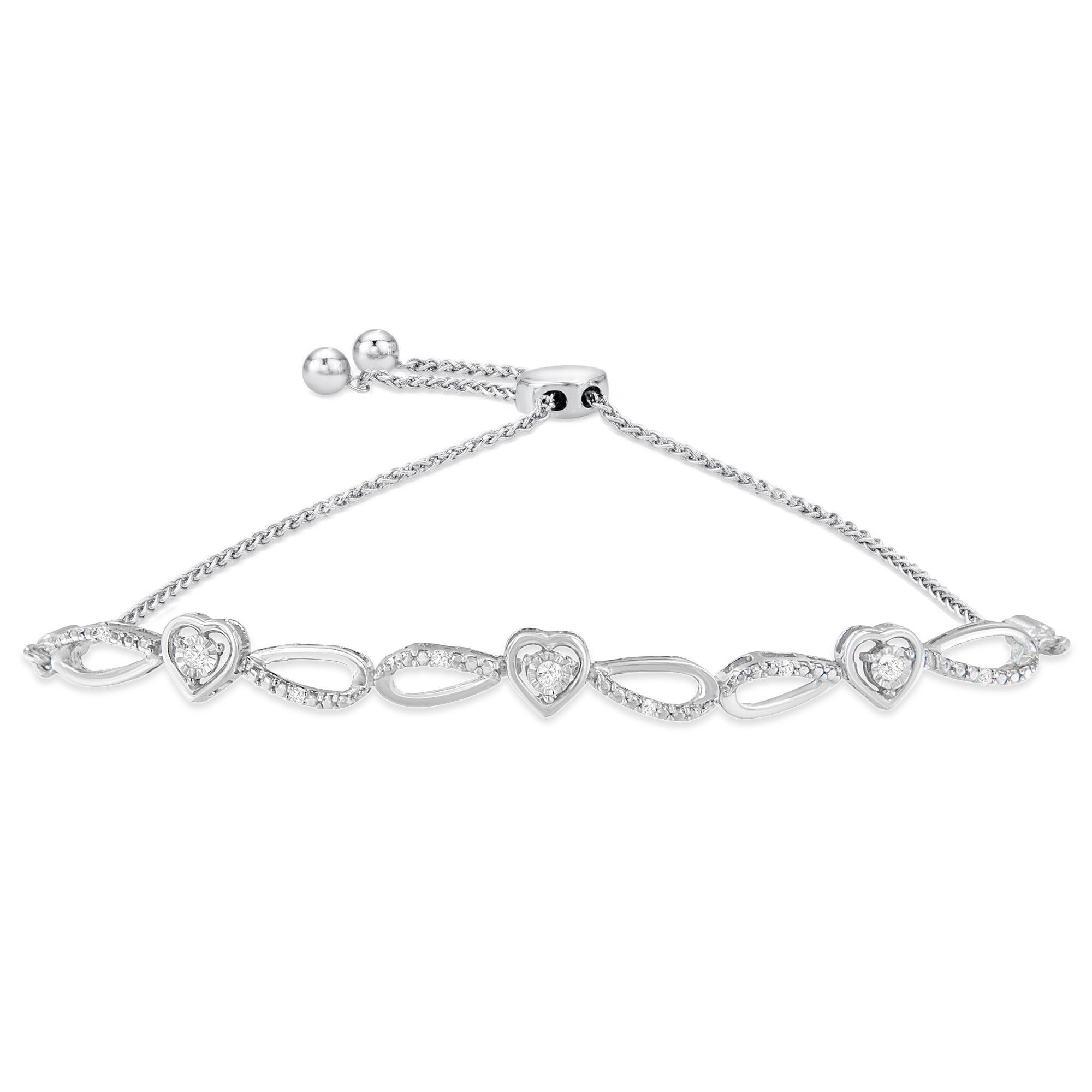 .925 Sterling Silver 1/10 Cttw Diamond Triple Heart-in-Infinity Bolo Style Adjustable Bracelet (H-I Color, I2-I3 Clarity) - LinkagejewelrydesignLinkagejewelrydesign