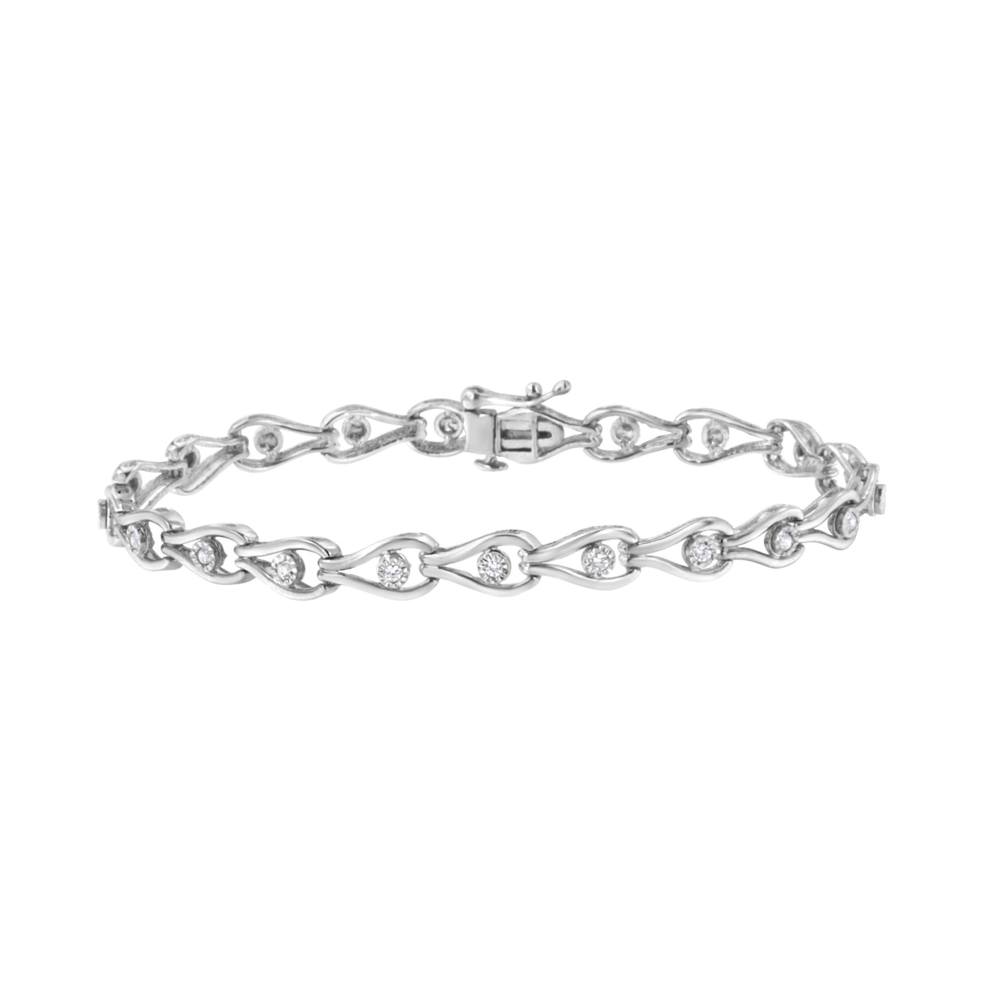 .925 Sterling Silver 1/10 Cttw Miracle-Set Diamond Pear Shape and Bezel Link Bracelet (I-J Color, I3 Clarity) - 7.25" - LinkagejewelrydesignLinkagejewelrydesign