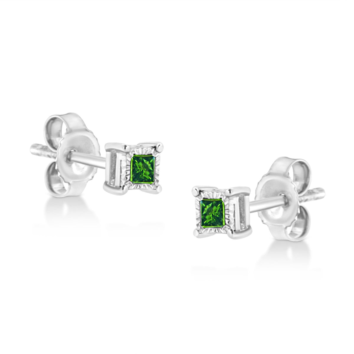 .925 Sterling Silver 1/10 Cttw Miracle Set Princess-Cut Treated Green Diamond Stud Earrings (Green Color, I1-I2 Clarity) - LinkagejewelrydesignLinkagejewelrydesign