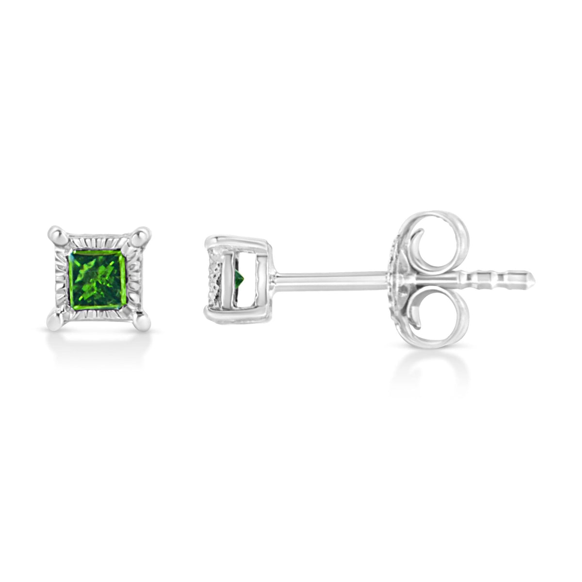 .925 Sterling Silver 1/10 Cttw Miracle Set Princess-Cut Treated Green Diamond Stud Earrings (Green Color, I1-I2 Clarity) - LinkagejewelrydesignLinkagejewelrydesign