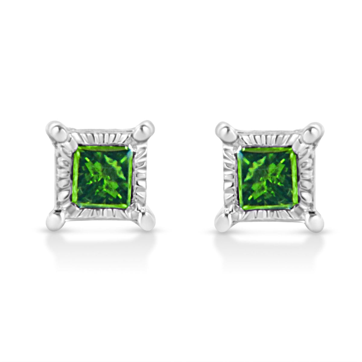 .925 Sterling Silver 1/10 Cttw Miracle Set Princess-Cut Treated Green Diamond Stud Earrings (Green Color, I1-I2 Clarity) - LinkagejewelrydesignLinkagejewelrydesign