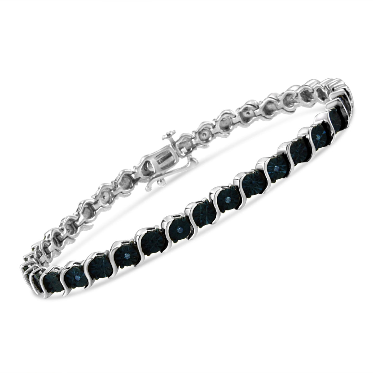 .925 Sterling Silver 1/10 Cttw Miracle-Set Treated Blue Color Diamond Miracle Plate &quot;S&quot; Link Tennis Bracelet (Blue Color, I2- I3 Clarity) - 7.25&quot; - LinkagejewelrydesignLinkagejewelrydesign