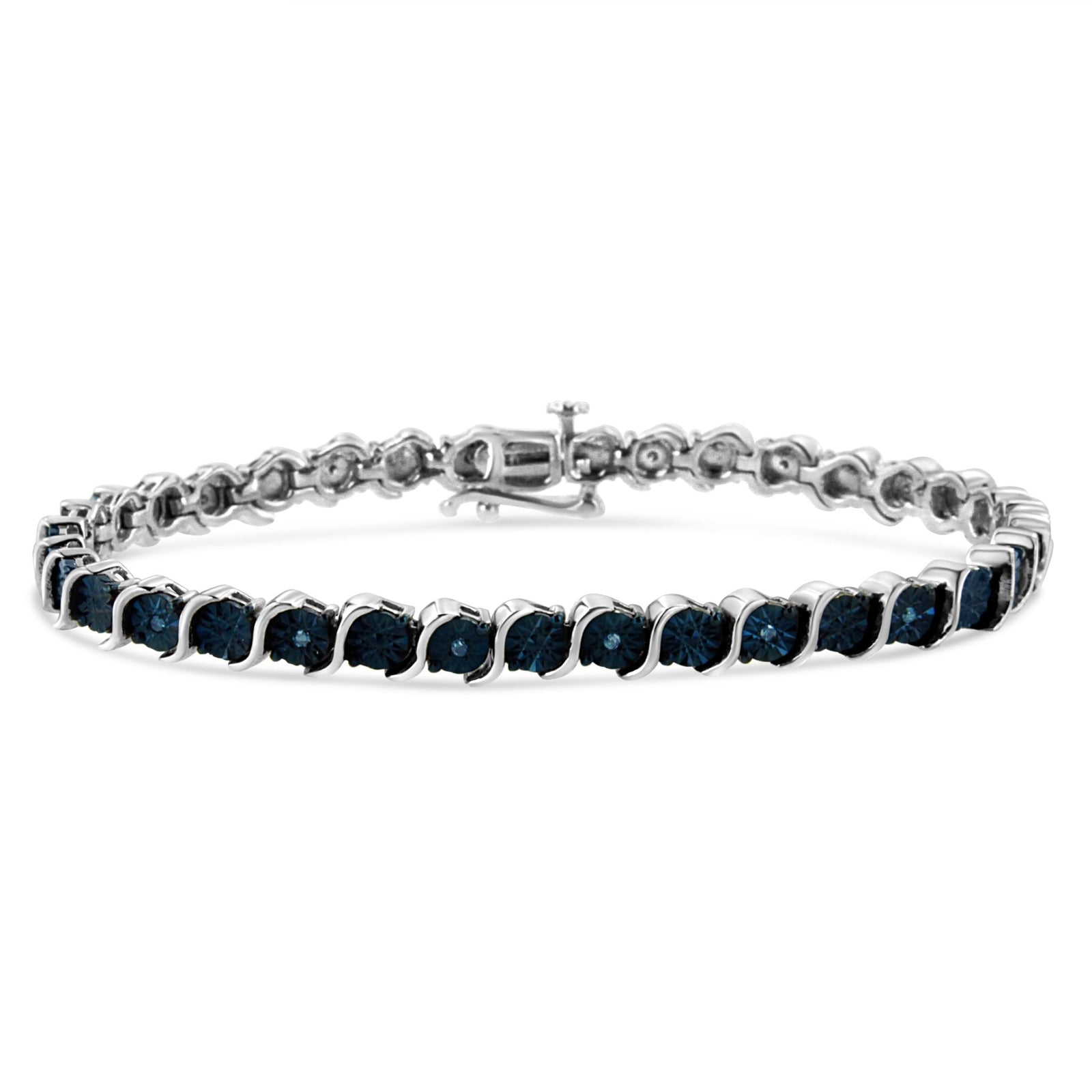 .925 Sterling Silver 1/10 Cttw Miracle-Set Treated Blue Color Diamond Miracle Plate "S" Link Tennis Bracelet (Blue Color, I2- I3 Clarity) - 7.25" - LinkagejewelrydesignLinkagejewelrydesign
