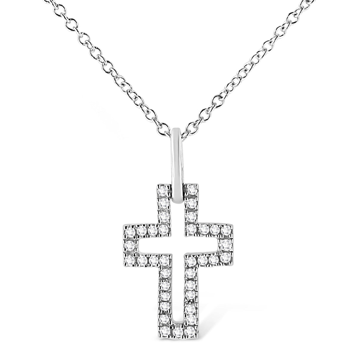 .925 Sterling Silver 1/10 cttw Pave-Set Round-Cut Diamond Open Cross 18&quot; Pendant Necklace (I-J Color, I1-2 Clarity) - LinkagejewelrydesignLinkagejewelrydesign