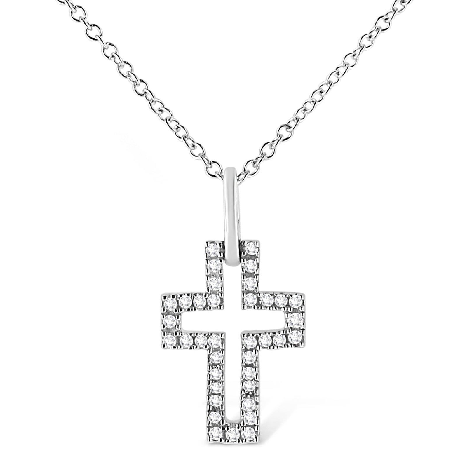 .925 Sterling Silver 1/10 cttw Pave-Set Round-Cut Diamond Open Cross 18" Pendant Necklace (I-J Color, I1-2 Clarity) - LinkagejewelrydesignLinkagejewelrydesign
