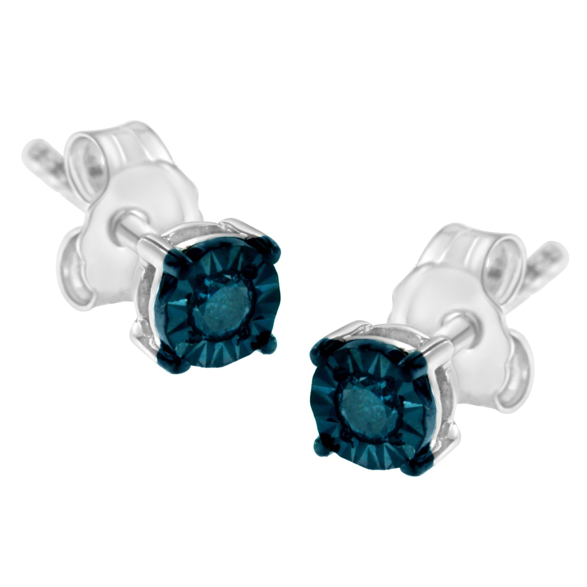 .925 Sterling Silver 1/10 Cttw Round Brilliant-Cut Blue Diamond Miracle-Set Stud Earrings (Fancy Color-Enhanced, I2-I3 Clarity) - LinkagejewelrydesignLinkagejewelrydesign