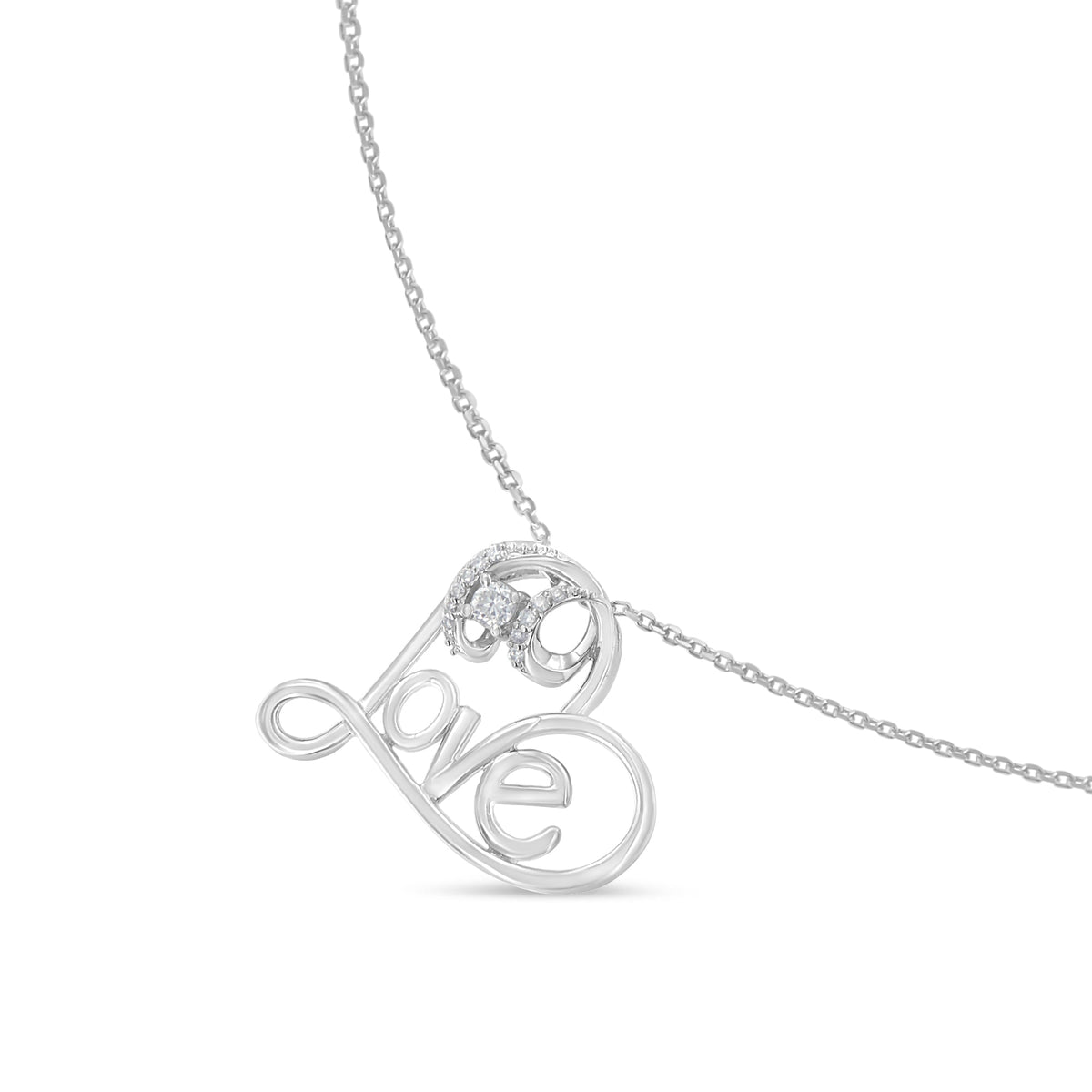 .925 Sterling Silver 1/10 Cttw Round Brilliant-Cut Diamond Accented Open Heart with Love 18&quot; Pendant Necklace (H-I Color, I1-I2 Clarity) - LinkagejewelrydesignLinkagejewelrydesign