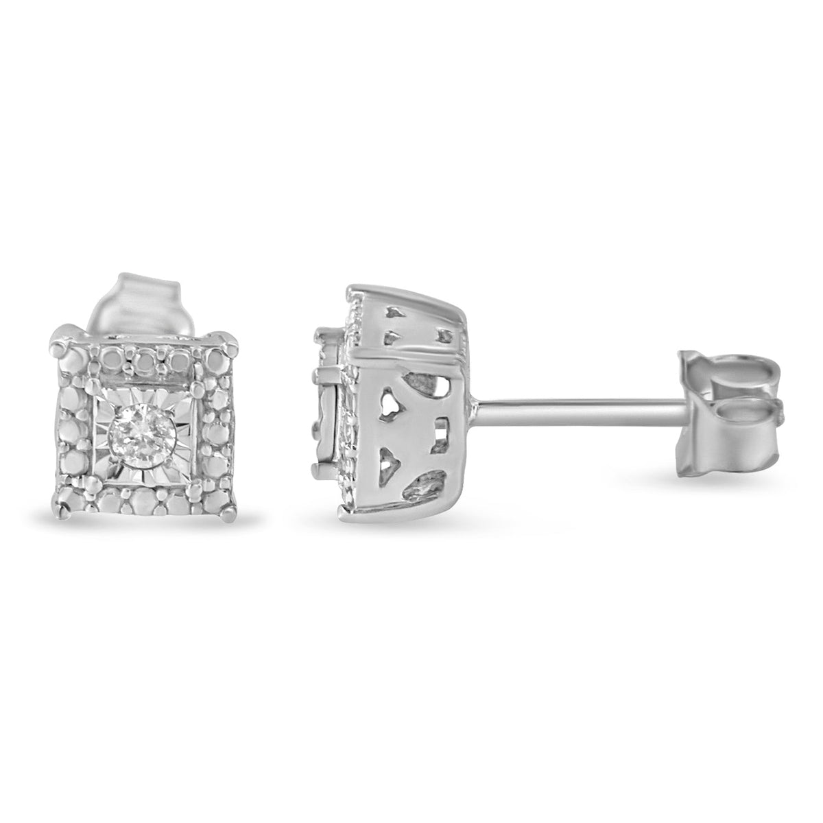 .925 Sterling Silver 1/10 Cttw Round Brilliant-Cut Near Colorless Diamond Miracle-Set Beaded Square Stud Earrings (H-I Color, I2-I3 Clarity) - LinkagejewelrydesignLinkagejewelrydesign