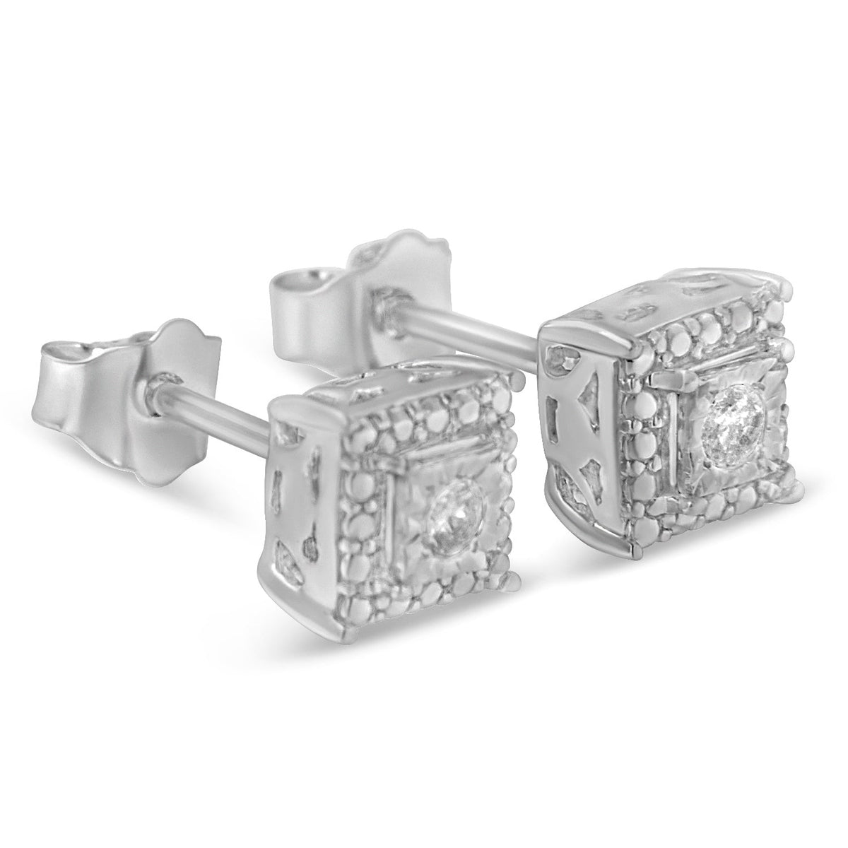 .925 Sterling Silver 1/10 Cttw Round Brilliant-Cut Near Colorless Diamond Miracle-Set Beaded Square Stud Earrings (H-I Color, I2-I3 Clarity) - LinkagejewelrydesignLinkagejewelrydesign