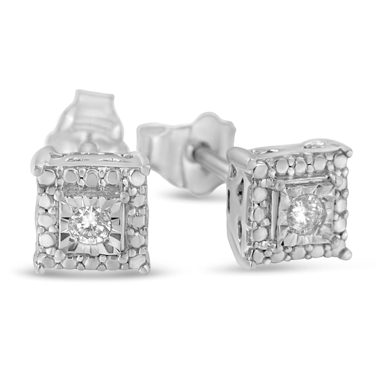 .925 Sterling Silver 1/10 Cttw Round Brilliant-Cut Near Colorless Diamond Miracle-Set Beaded Square Stud Earrings (H-I Color, I2-I3 Clarity) - LinkagejewelrydesignLinkagejewelrydesign