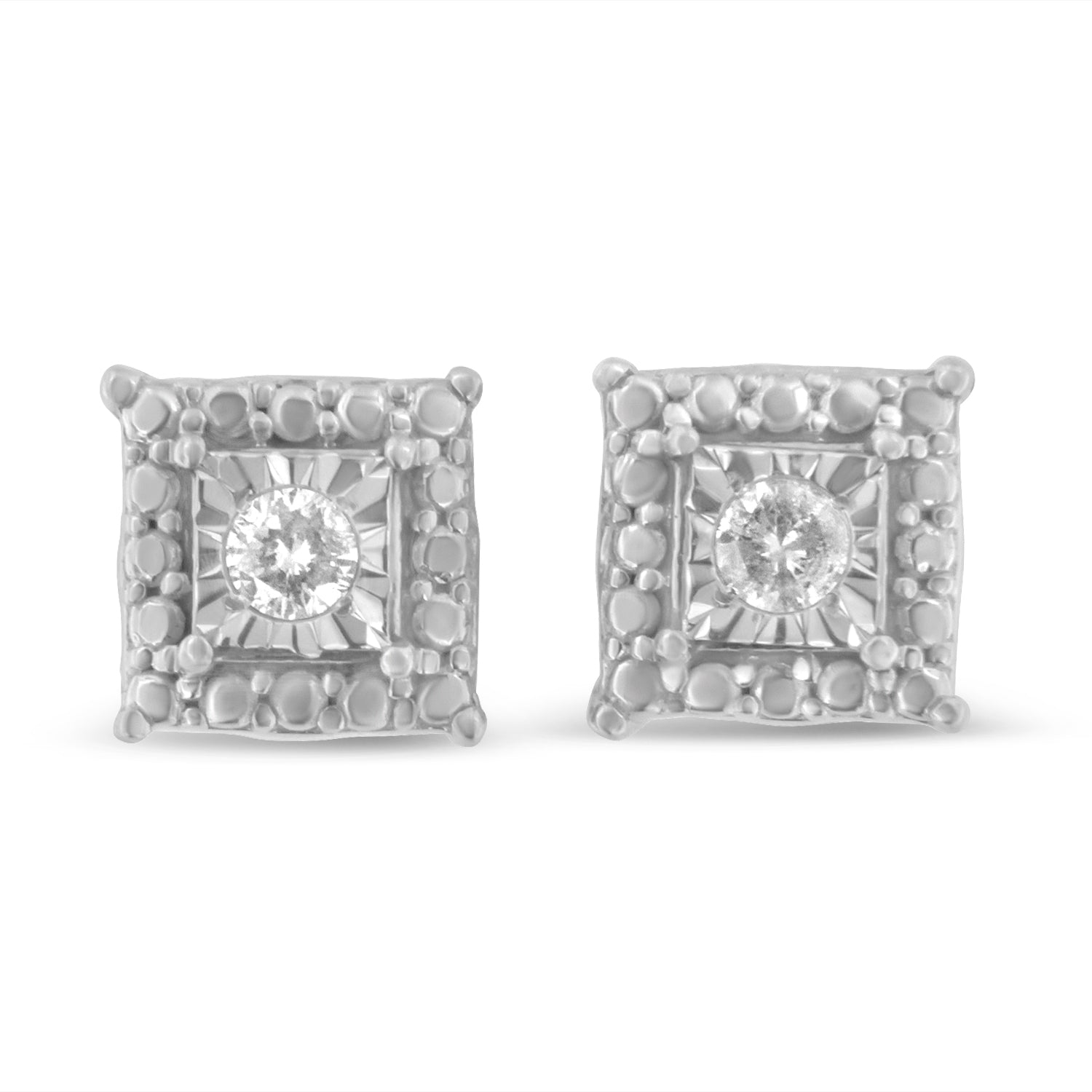 .925 Sterling Silver 1/10 Cttw Round Brilliant-Cut Near Colorless Diamond Miracle-Set Beaded Square Stud Earrings (H-I Color, I2-I3 Clarity) - LinkagejewelrydesignLinkagejewelrydesign