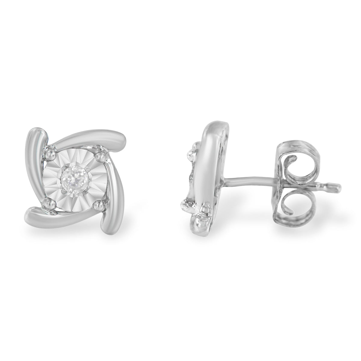 .925 Sterling Silver 1/10 Cttw Round Brilliant-Cut Near Colorless Diamond Miracle-Set Square Pinwheel Stud Earrings (I-J Color, I3 Clarity) - LinkagejewelrydesignLinkagejewelrydesign