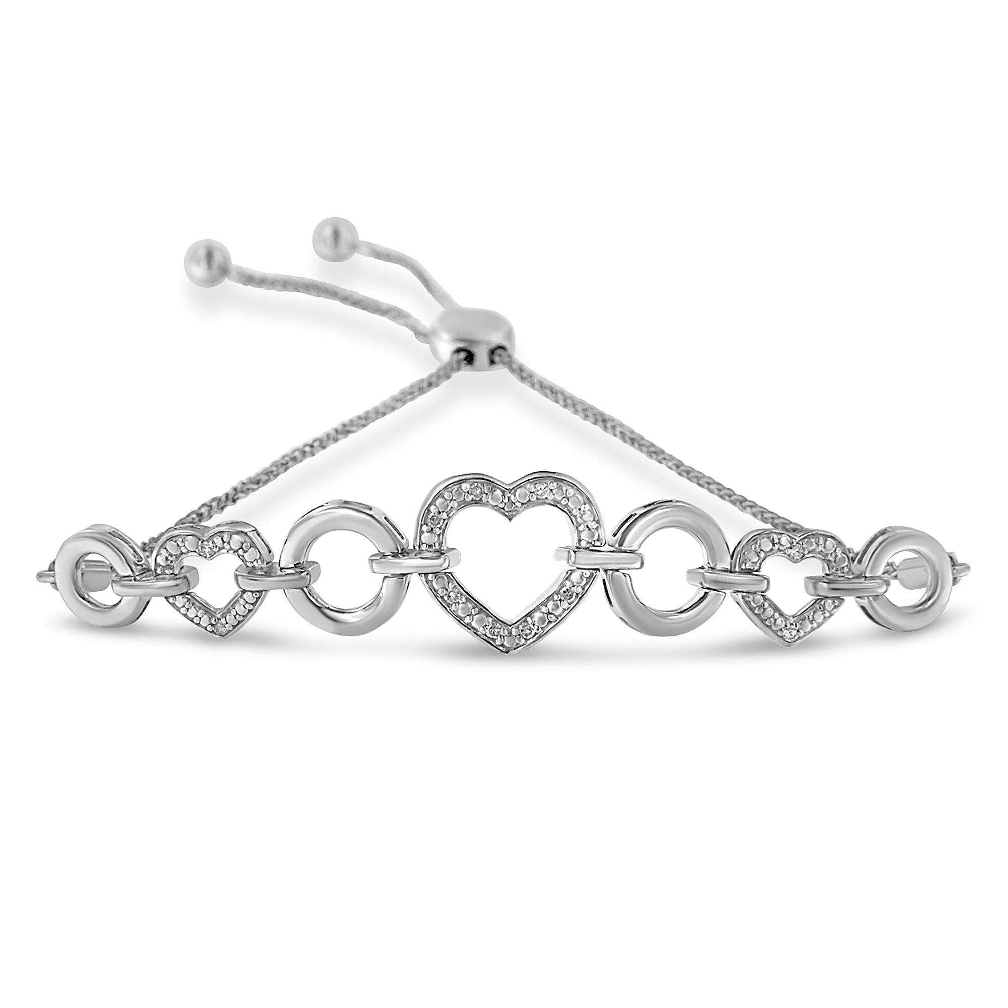 .925 Sterling Silver 1/10 Cttw Round-Cut Diamond Heart-Link Adjustable Bolo Bracelet ( H-I Color, I2-I3 Clarity) - 6"-9" Adjustable - LinkagejewelrydesignLinkagejewelrydesign