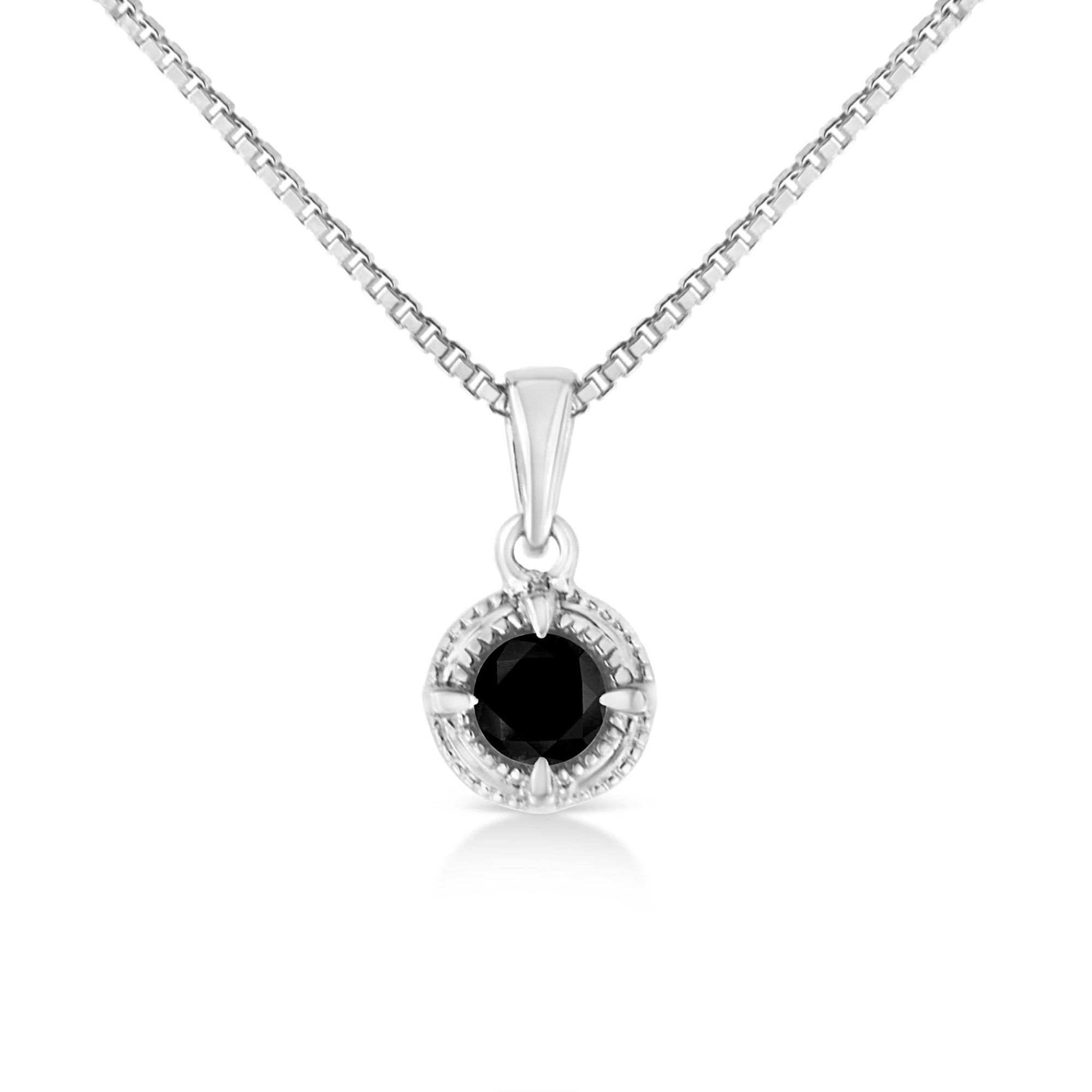 .925 Sterling Silver 1/10 Cttw Treated Black Diamond Solitaire 18" Milgrain Pendant Necklace (Black Color, I1-I2 Clarity) - LinkagejewelrydesignLinkagejewelrydesign