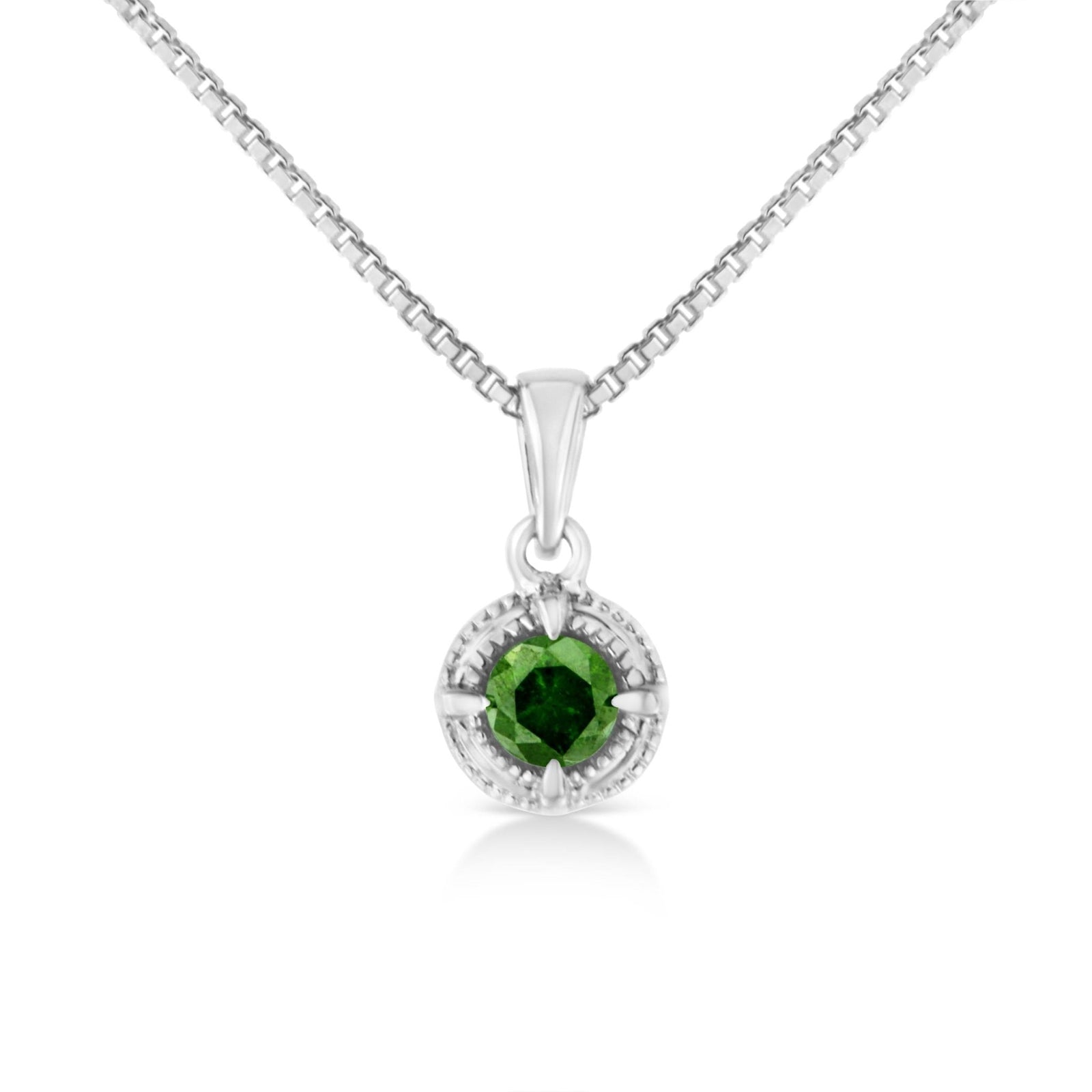 .925 Sterling Silver 1/10 Cttw Treated Green Diamond Solitaire 18" Milgrain Pendant Necklace (Green Color, I1-I2 Clarity) - LinkagejewelrydesignLinkagejewelrydesign