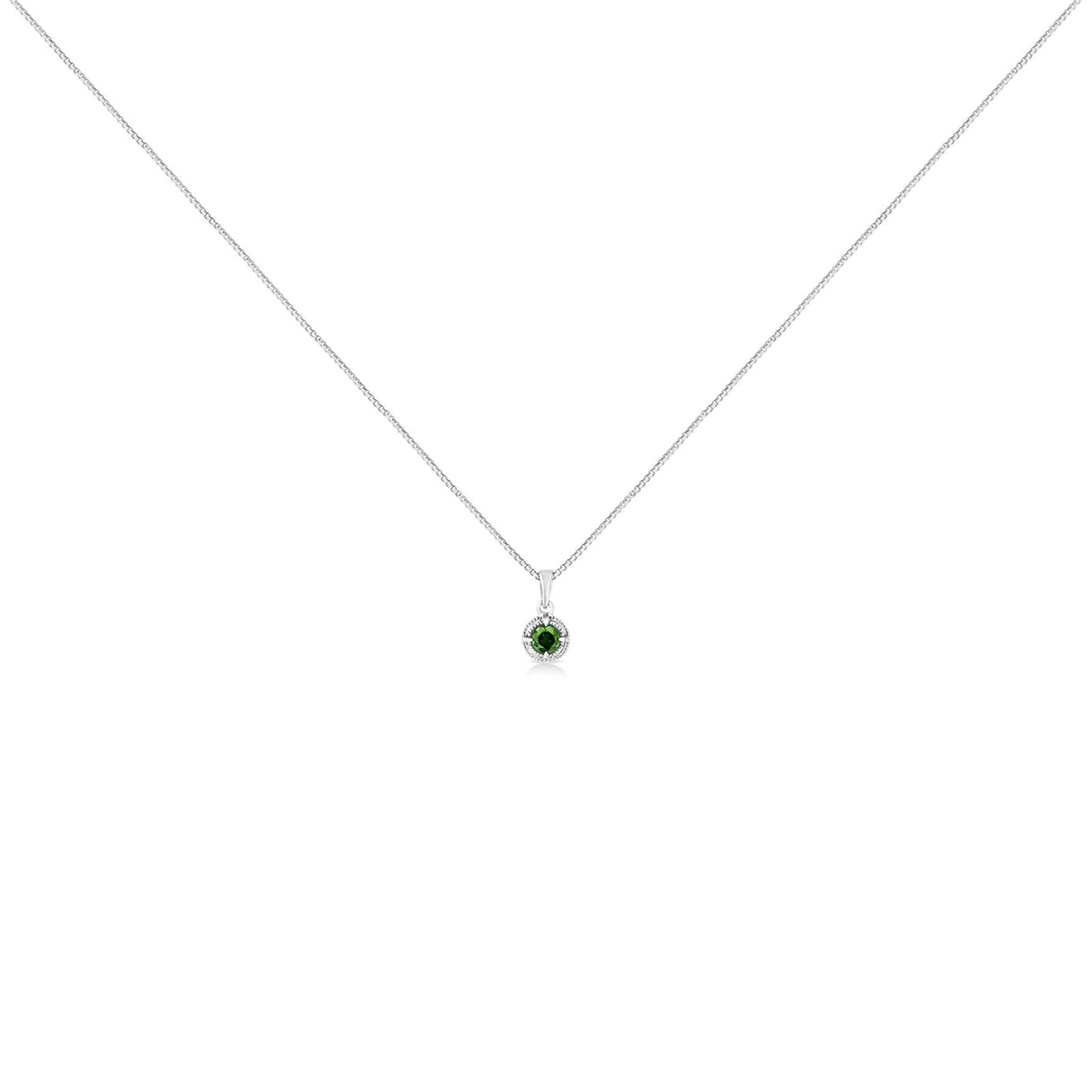 .925 Sterling Silver 1/10 Cttw Treated Green Diamond Solitaire 18&quot; Milgrain Pendant Necklace (Green Color, I1-I2 Clarity) - LinkagejewelrydesignLinkagejewelrydesign