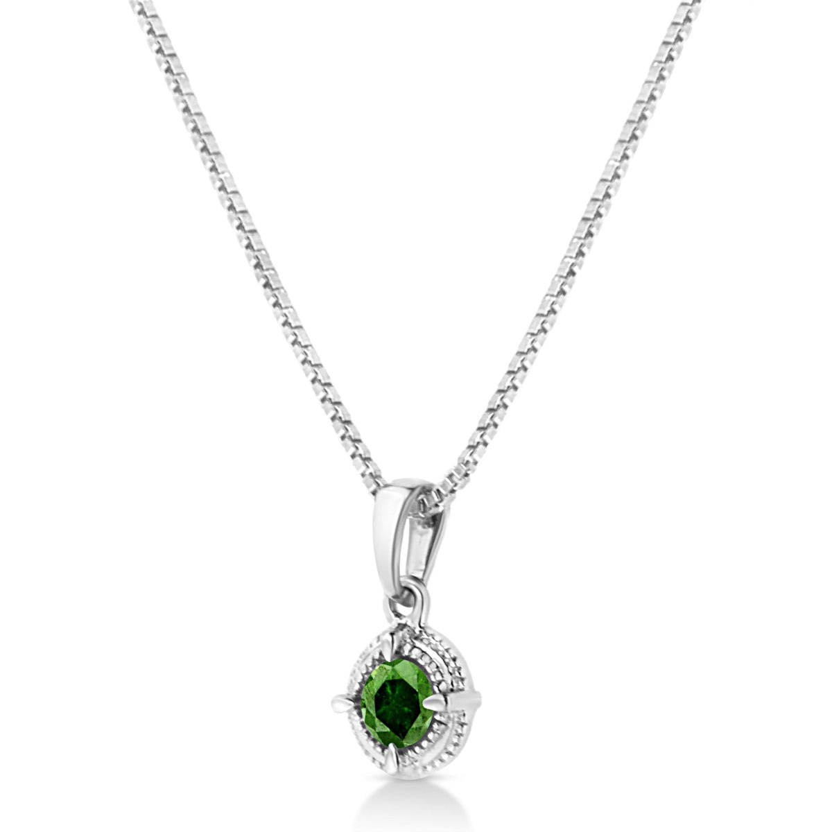 .925 Sterling Silver 1/10 Cttw Treated Green Diamond Solitaire 18&quot; Milgrain Pendant Necklace (Green Color, I1-I2 Clarity) - LinkagejewelrydesignLinkagejewelrydesign