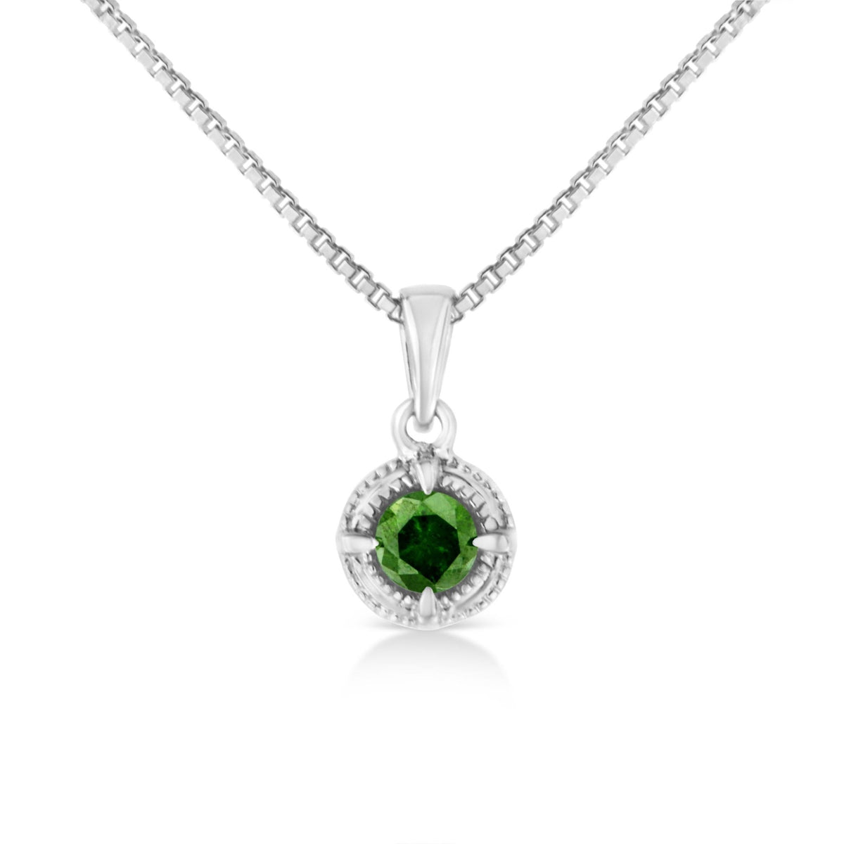 .925 Sterling Silver 1/10 Cttw Treated Green Diamond Solitaire 18&quot; Milgrain Pendant Necklace (Green Color, I1-I2 Clarity) - LinkagejewelrydesignLinkagejewelrydesign