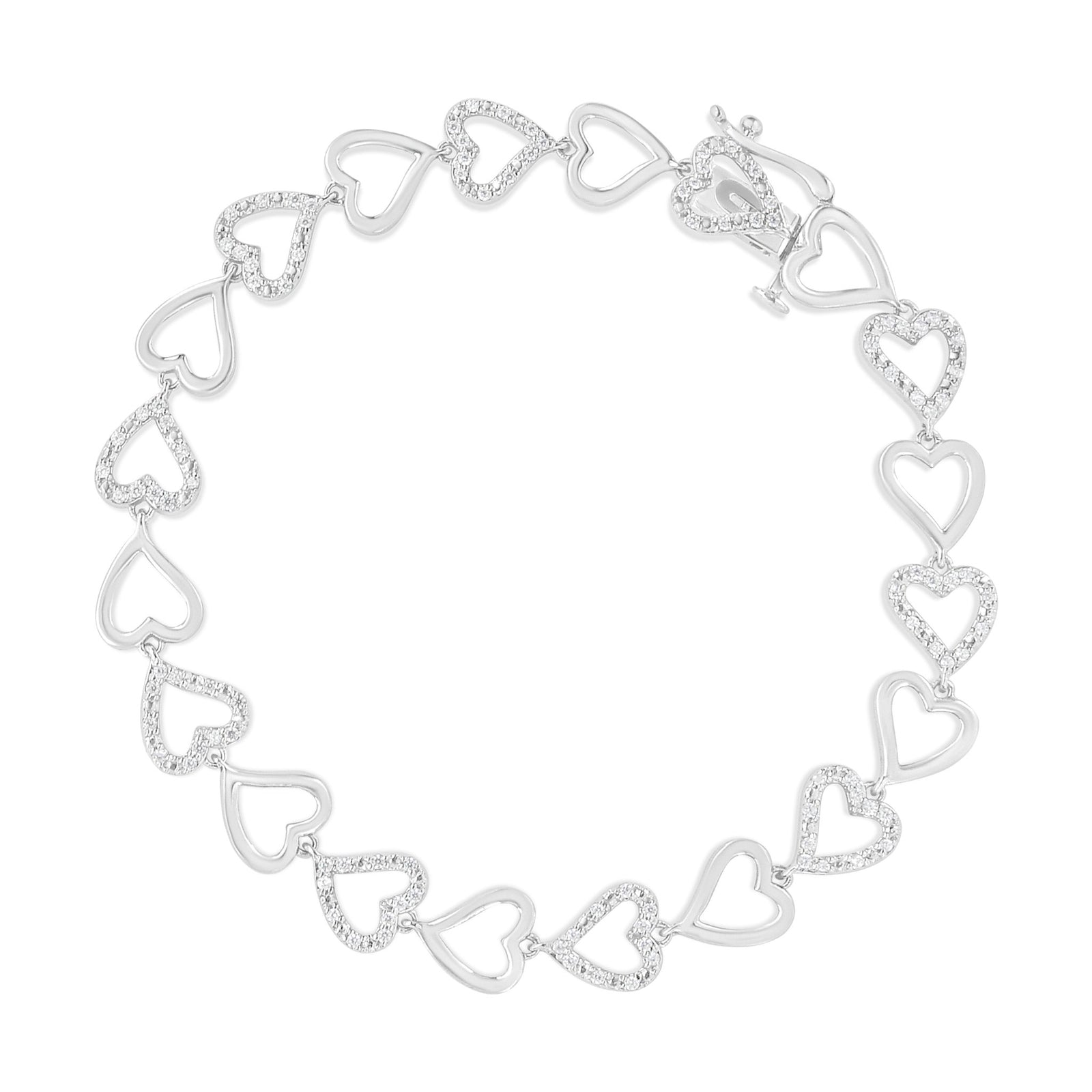 .925 Sterling Silver 1/2 Cttw Diamond Alternating Heart Link Bracelet (I-J Color, I2-I3 Clarity)- Size 7.25" Inches - LinkagejewelrydesignLinkagejewelrydesign