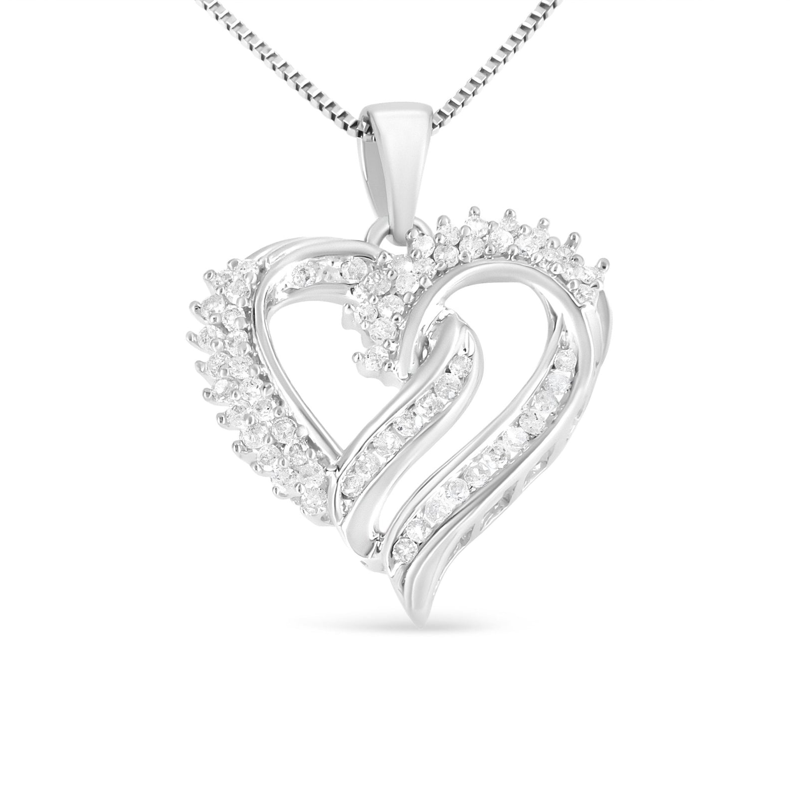 .925 Sterling Silver 1/2 Cttw Diamond Double Row Openwork Heart Pendant 18" Necklace (I-J Color, I3 Clarity) - LinkagejewelrydesignLinkagejewelrydesign