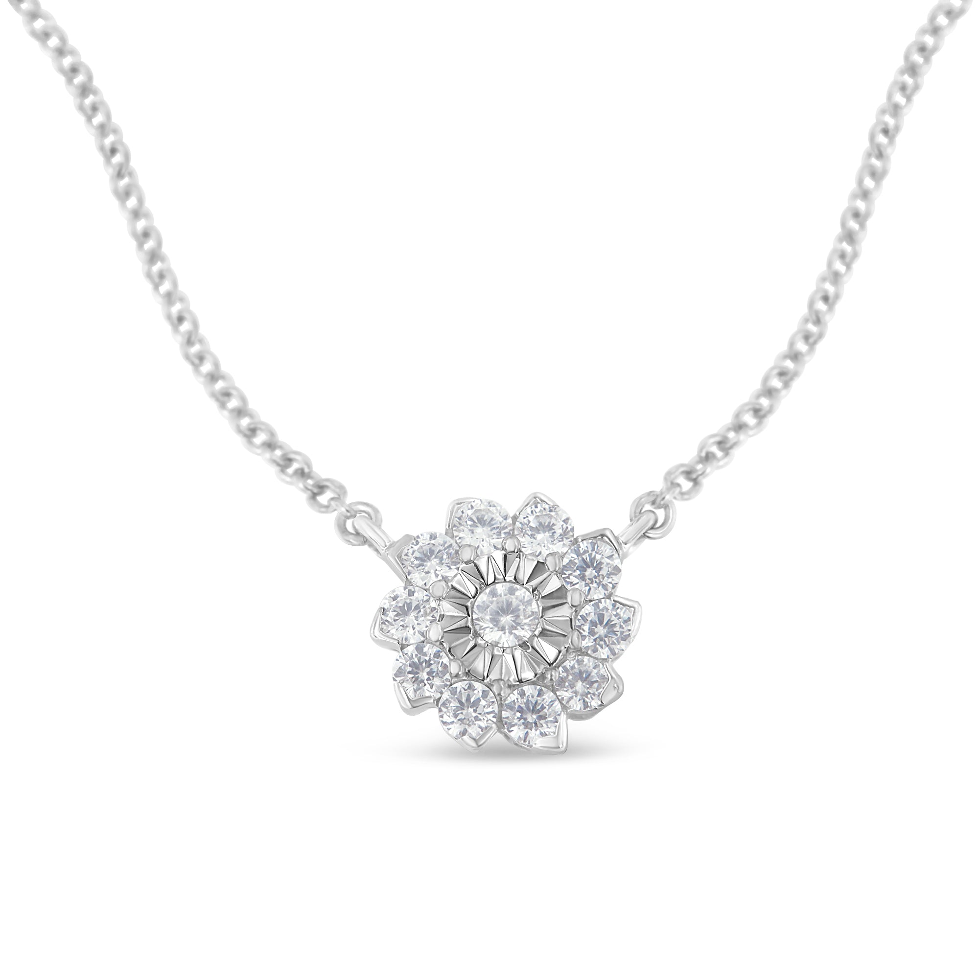 .925 Sterling Silver 1/2 Cttw Diamond Miracle Set Flower Cluster Pendant Necklace with Cable Chain (I-J Color, I1-I2 Clarity) - 18” - LinkagejewelrydesignLinkagejewelrydesign