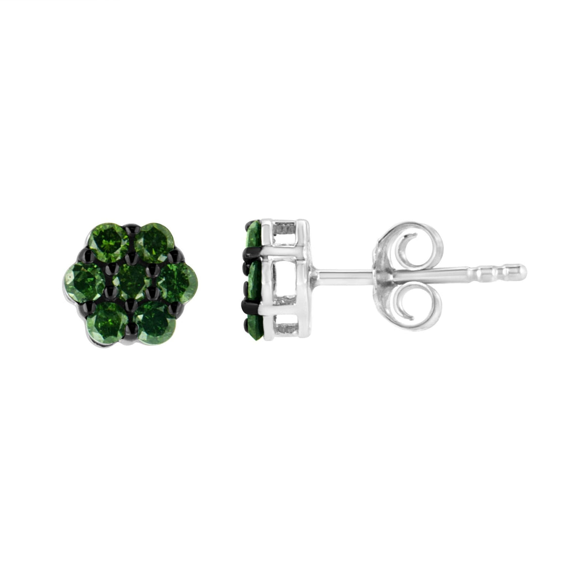 .925 Sterling Silver 1/2 cttw Prong Set Round-Cut Treated Green Diamond Floral Cluster Stud Earring (Fancy Green Color, I1-I2 Clarity) - LinkagejewelrydesignLinkagejewelrydesign