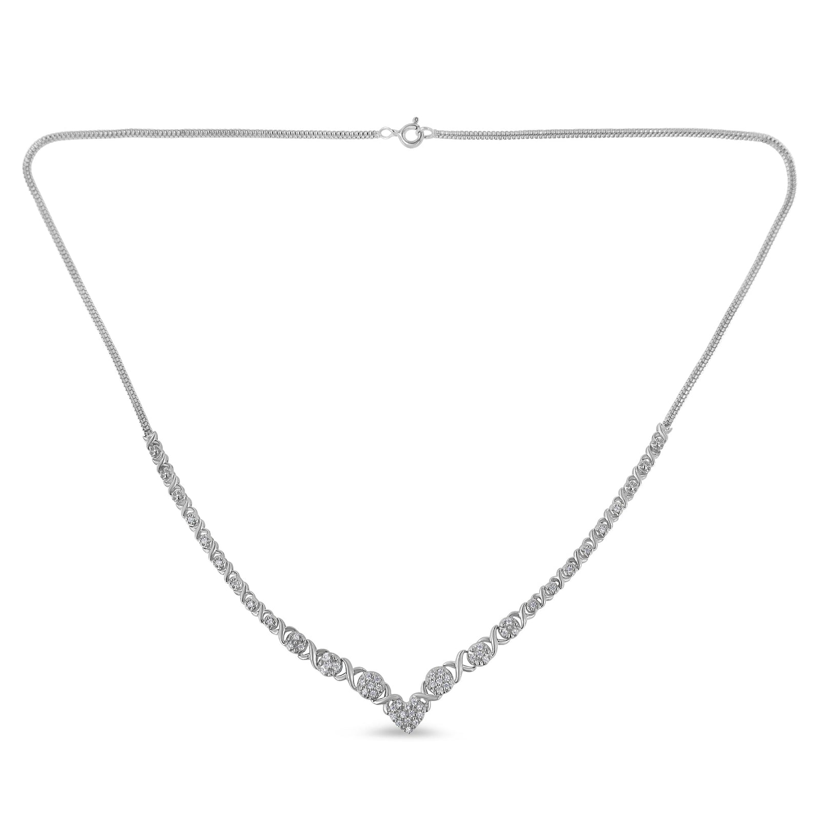 .925 Sterling Silver 1/2 cttw Prong Set Round Diamond Graduated Cluster and Heart Center 18" Statement Necklace (I-J Color, I3 Clarity) - LinkagejewelrydesignLinkagejewelrydesign