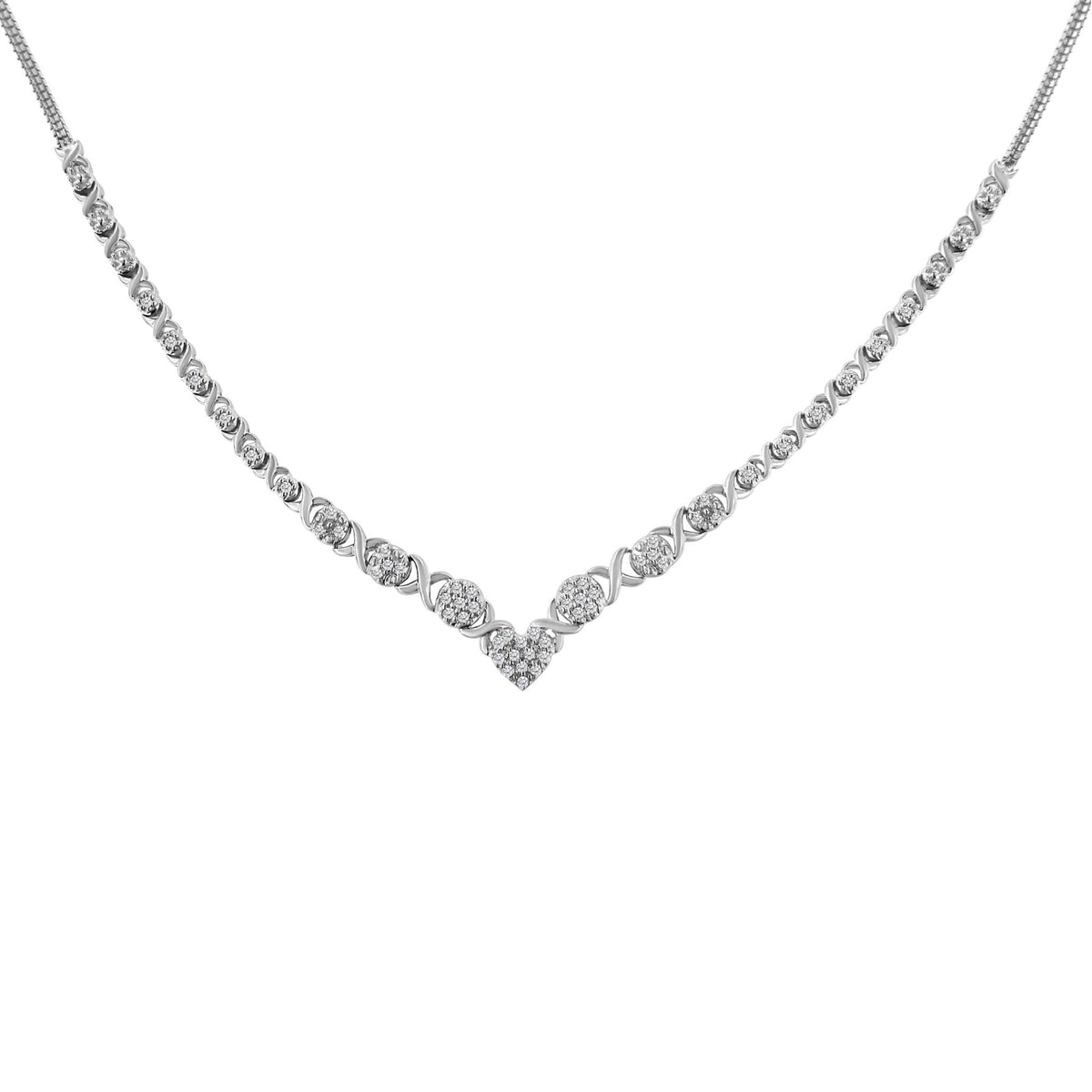 .925 Sterling Silver 1/2 cttw Prong Set Round Diamond Graduated Cluster and Heart Center 18&quot; Statement Necklace (I-J Color, I3 Clarity) - LinkagejewelrydesignLinkagejewelrydesign