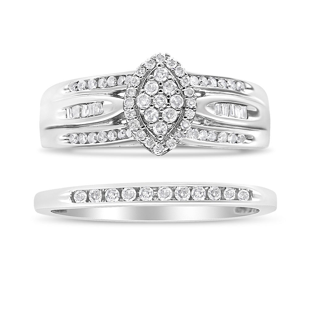 .925 Sterling Silver 1/2 Cttw Round and Baguette-Cut Diamond Engagement Bridal Set (I-J Color, I1-I2 Clarity) - Size 7 - LinkagejewelrydesignLinkagejewelrydesign