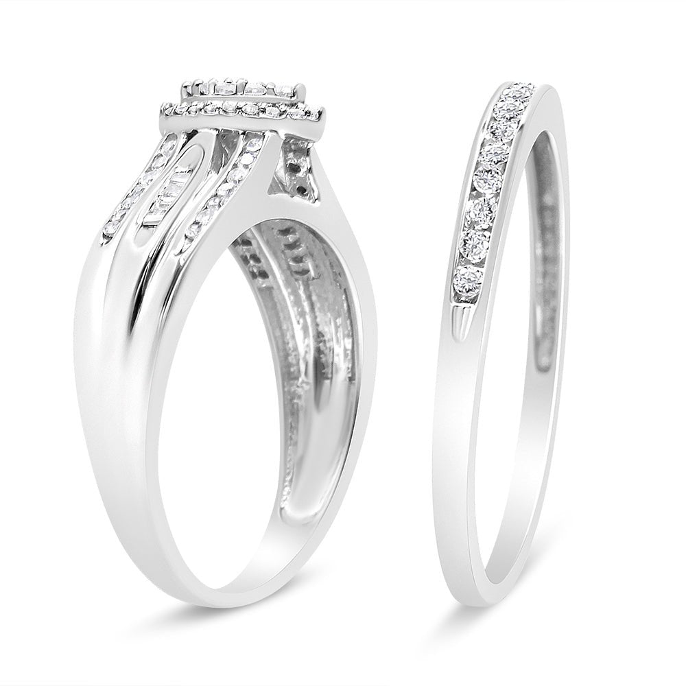 .925 Sterling Silver 1/2 Cttw Round and Baguette-Cut Diamond Engagement Bridal Set (I-J Color, I1-I2 Clarity) - Size 7 - LinkagejewelrydesignLinkagejewelrydesign