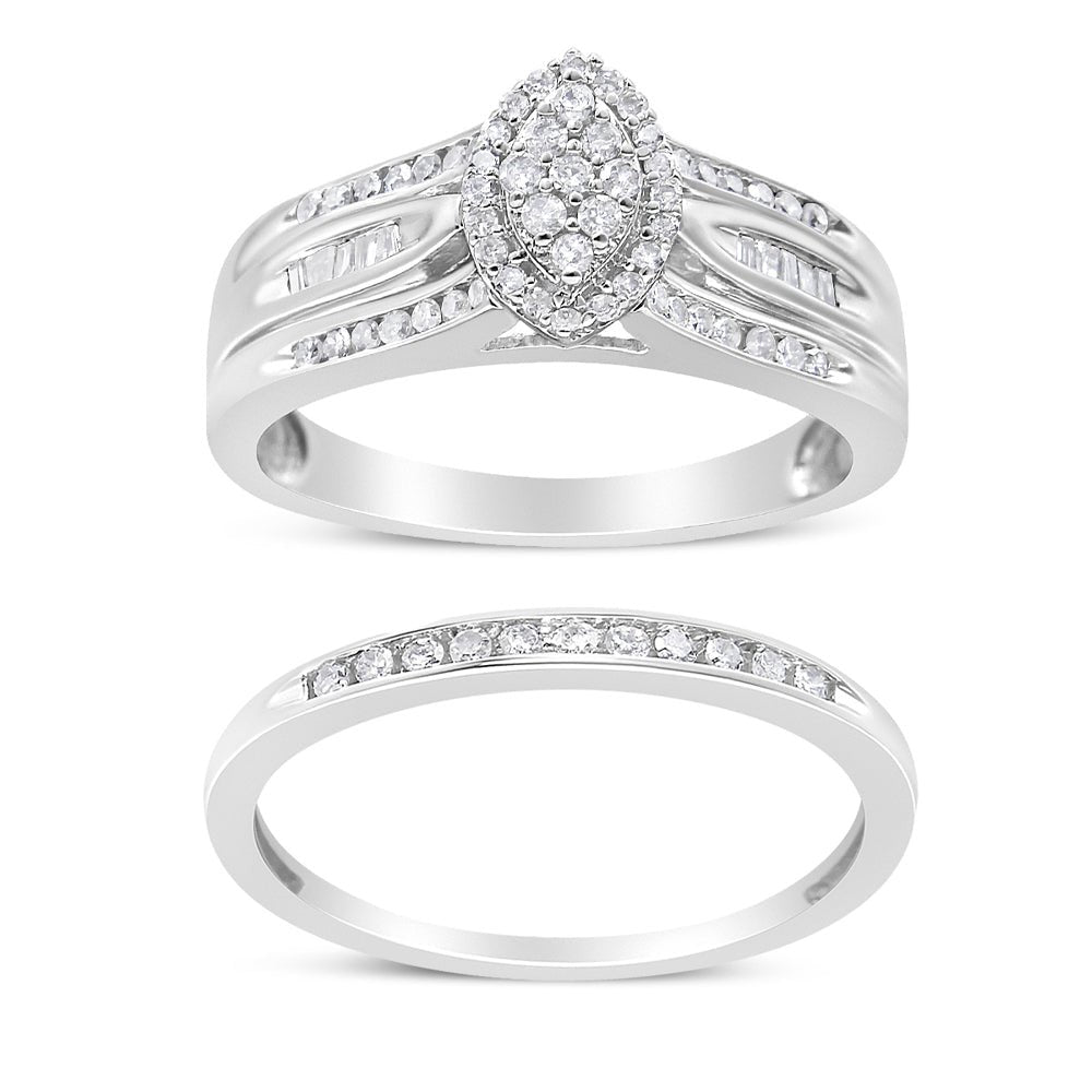 .925 Sterling Silver 1/2 Cttw Round and Baguette-Cut Diamond Engagement Bridal Set (I-J Color, I1-I2 Clarity) - Size 7 - LinkagejewelrydesignLinkagejewelrydesign