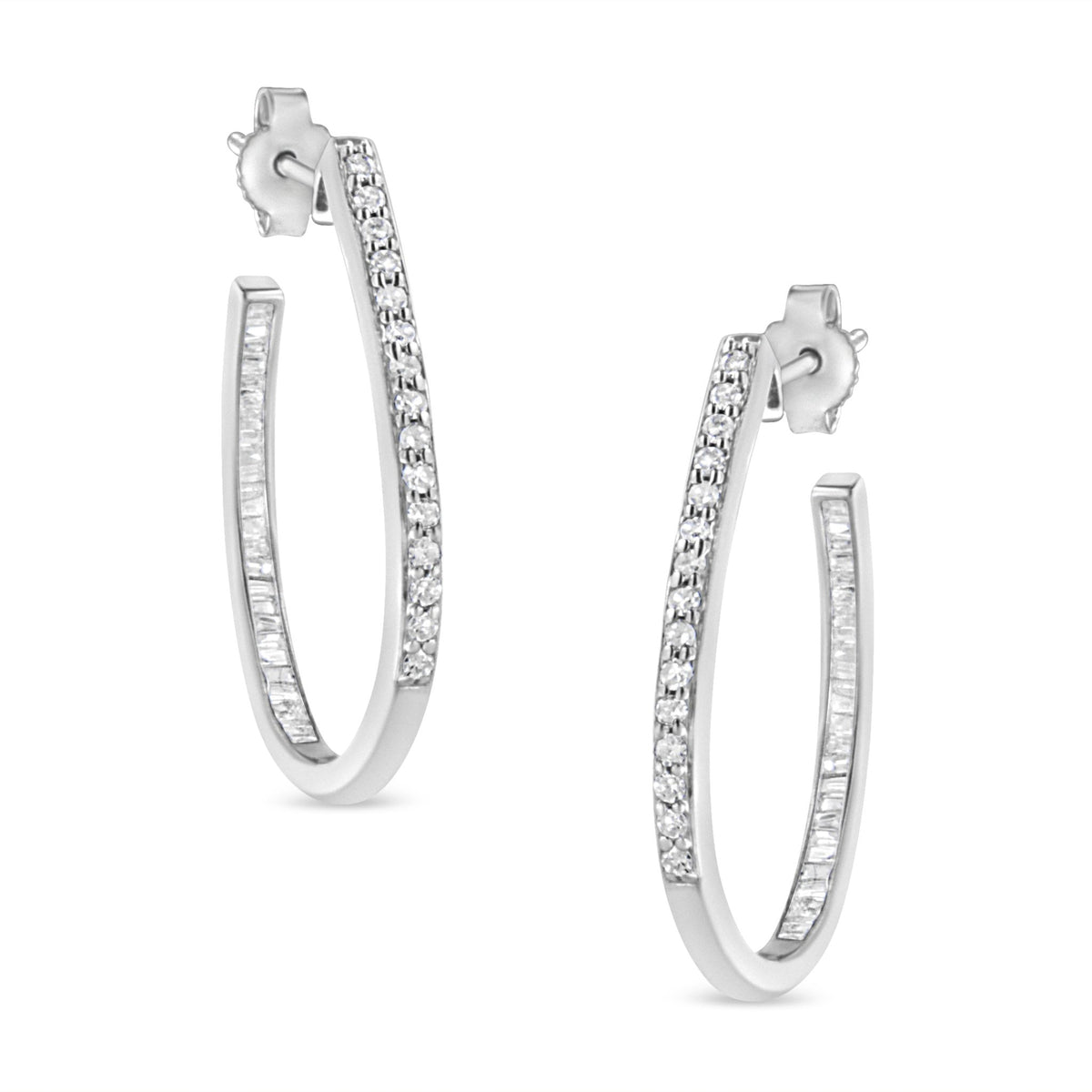 .925 Sterling Silver 1/2 Cttw Round and Baguette-Cut Diamond Inside-Outside Hoop Earrings (H-I Color, I1-I2 Clarity) - LinkagejewelrydesignLinkagejewelrydesign